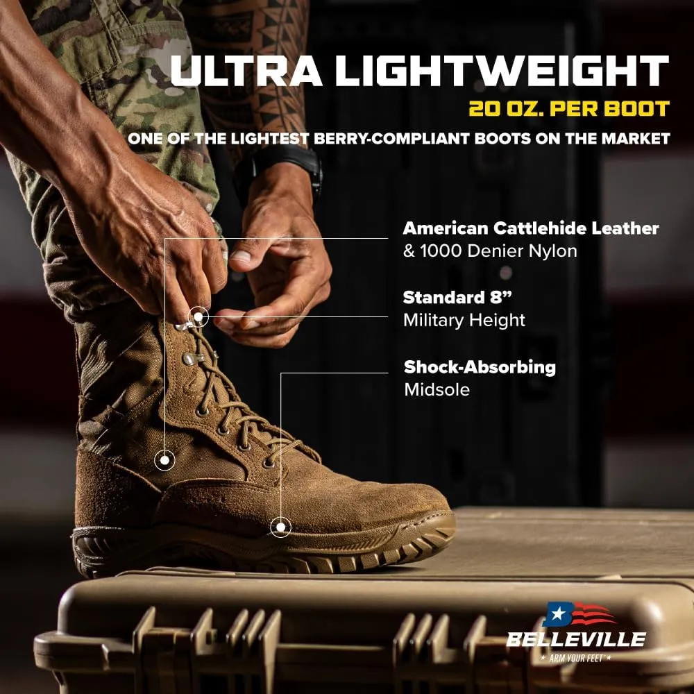 Belleville Flyweight C320 8 Combat Boots for Men - Ultra-Lightweight Army/Air Force OCP ACU Coyote Brown Leather with Traction Outsole; Berry Compliant