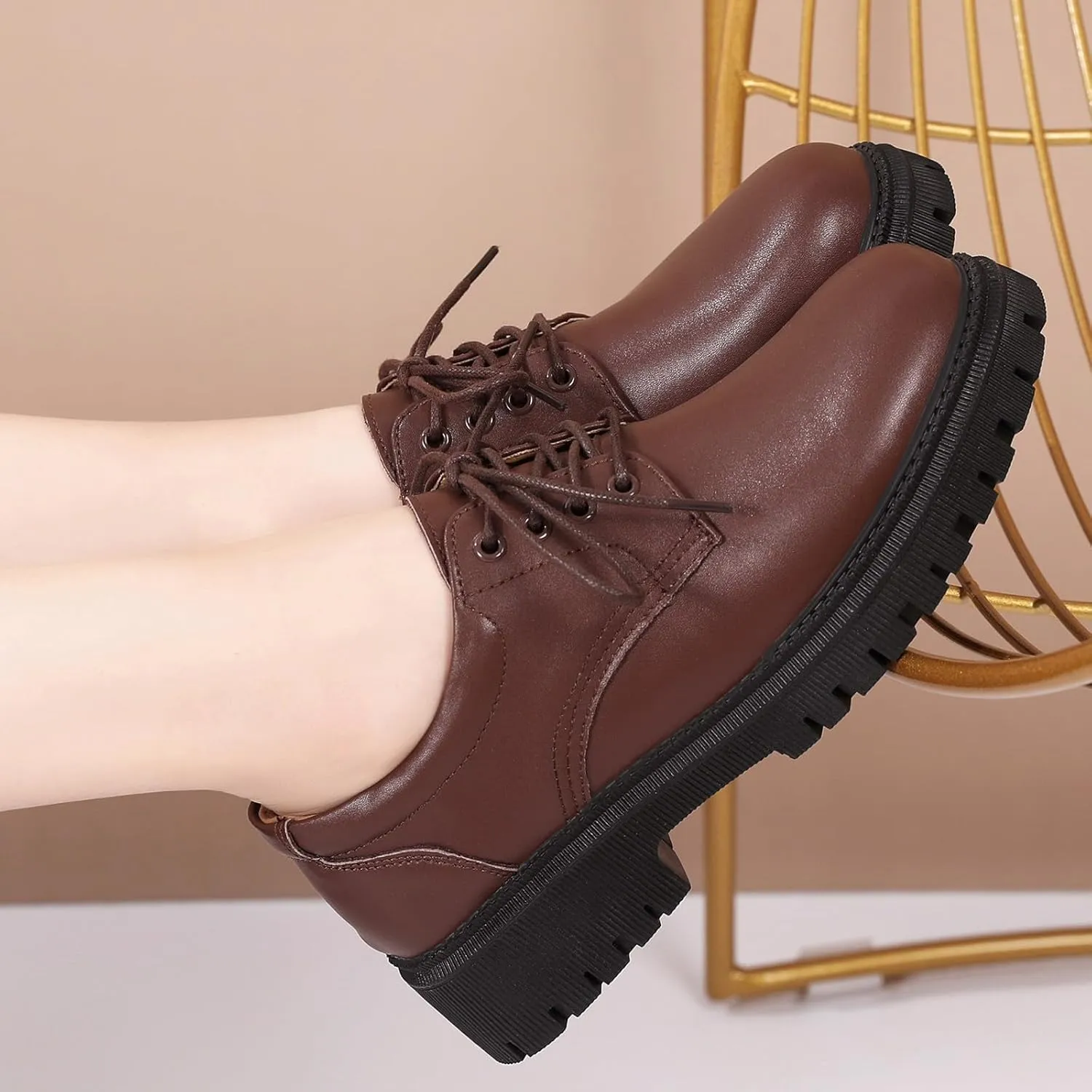 Black Platform Oxford Shoes for Women Chunky Leather Work Office Non Slip Dress Shoes Saddle Comfortable Business Shoes
