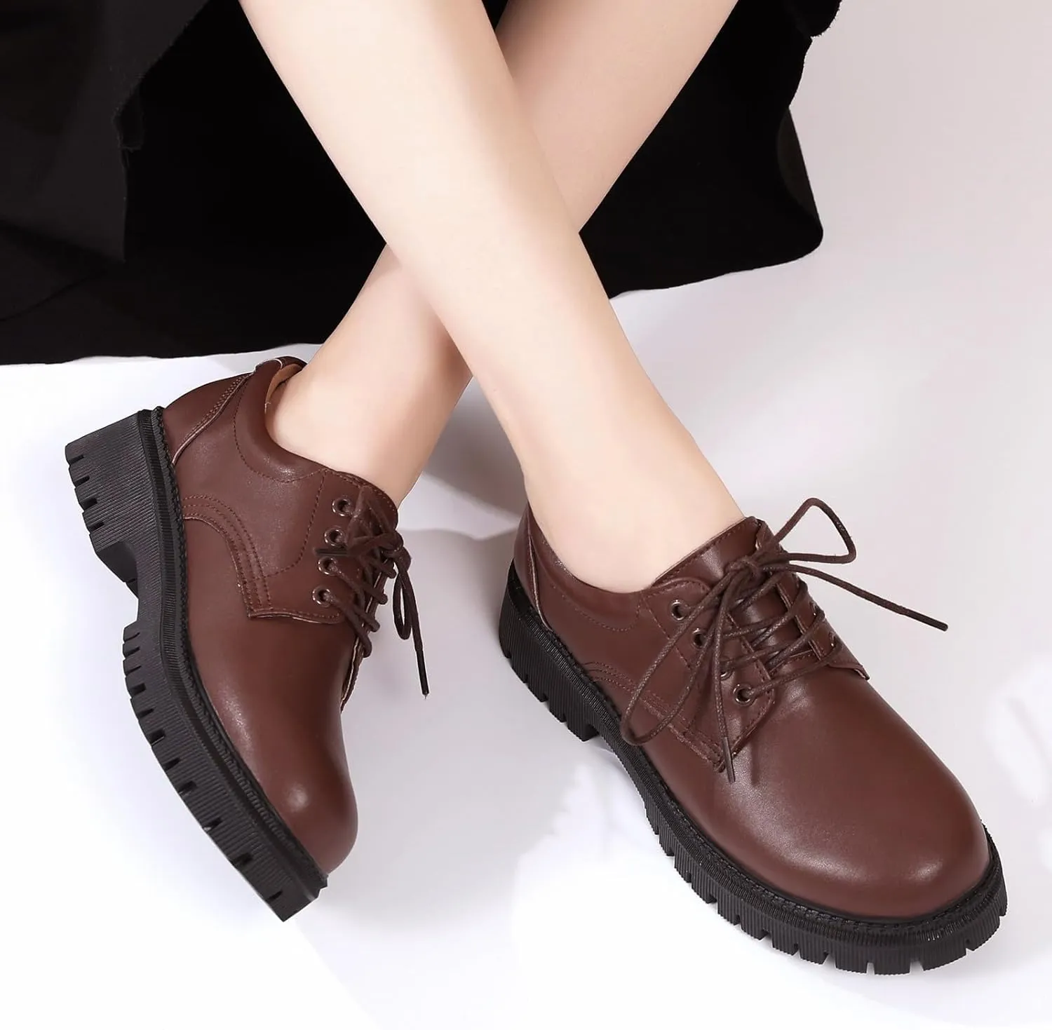 Black Platform Oxford Shoes for Women Chunky Leather Work Office Non Slip Dress Shoes Saddle Comfortable Business Shoes