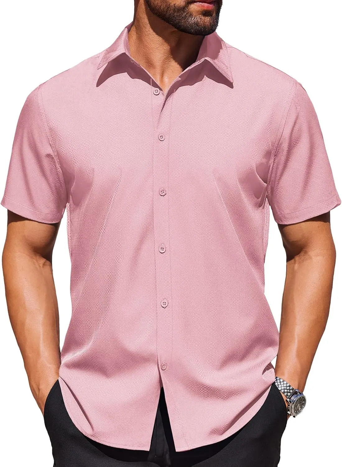 COOFANDY Mens Wrinkle Free Dress Shirt Polka Dot Short Sleeve Button Down Business Casual Shirts