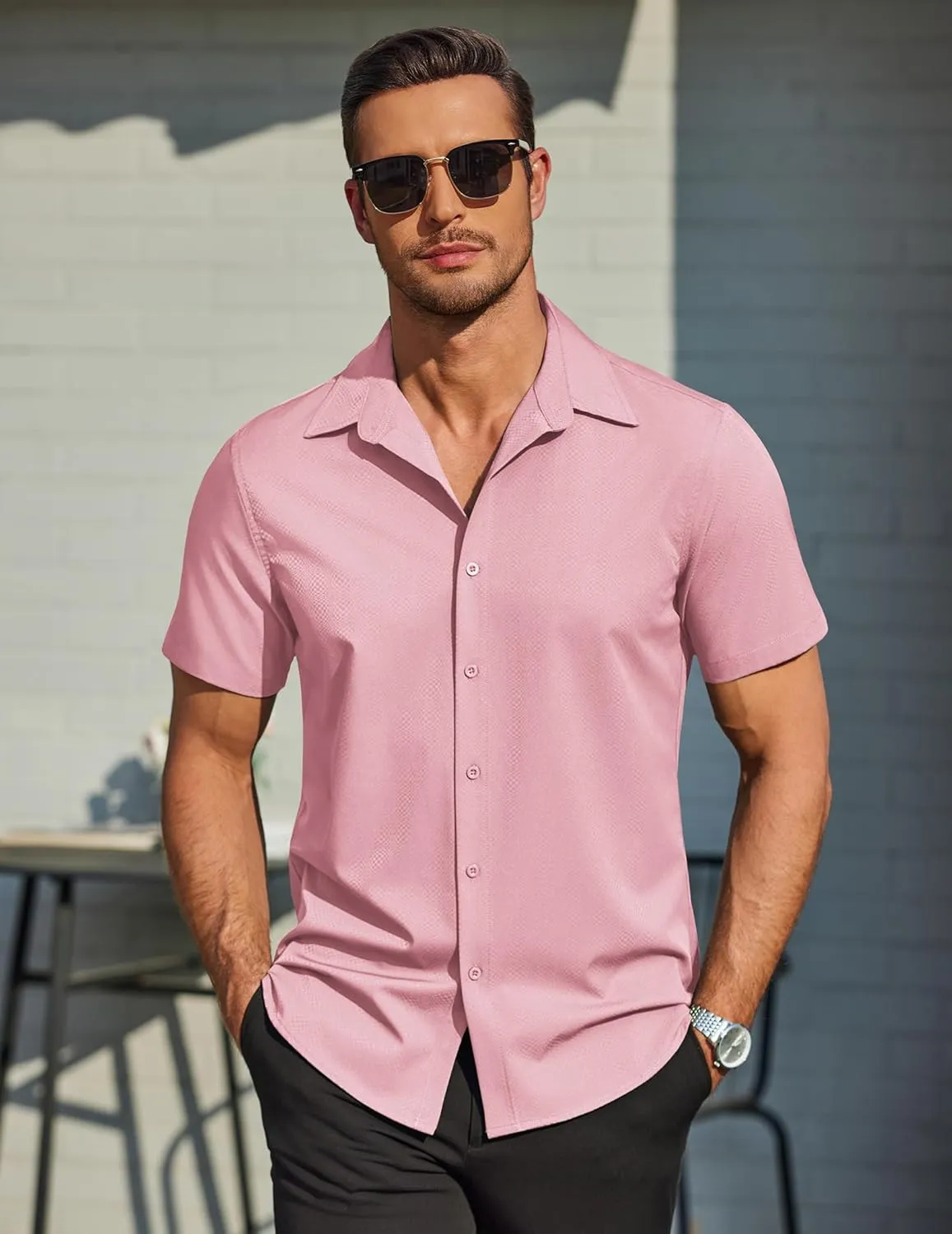 COOFANDY Mens Wrinkle Free Dress Shirt Polka Dot Short Sleeve Button Down Business Casual Shirts