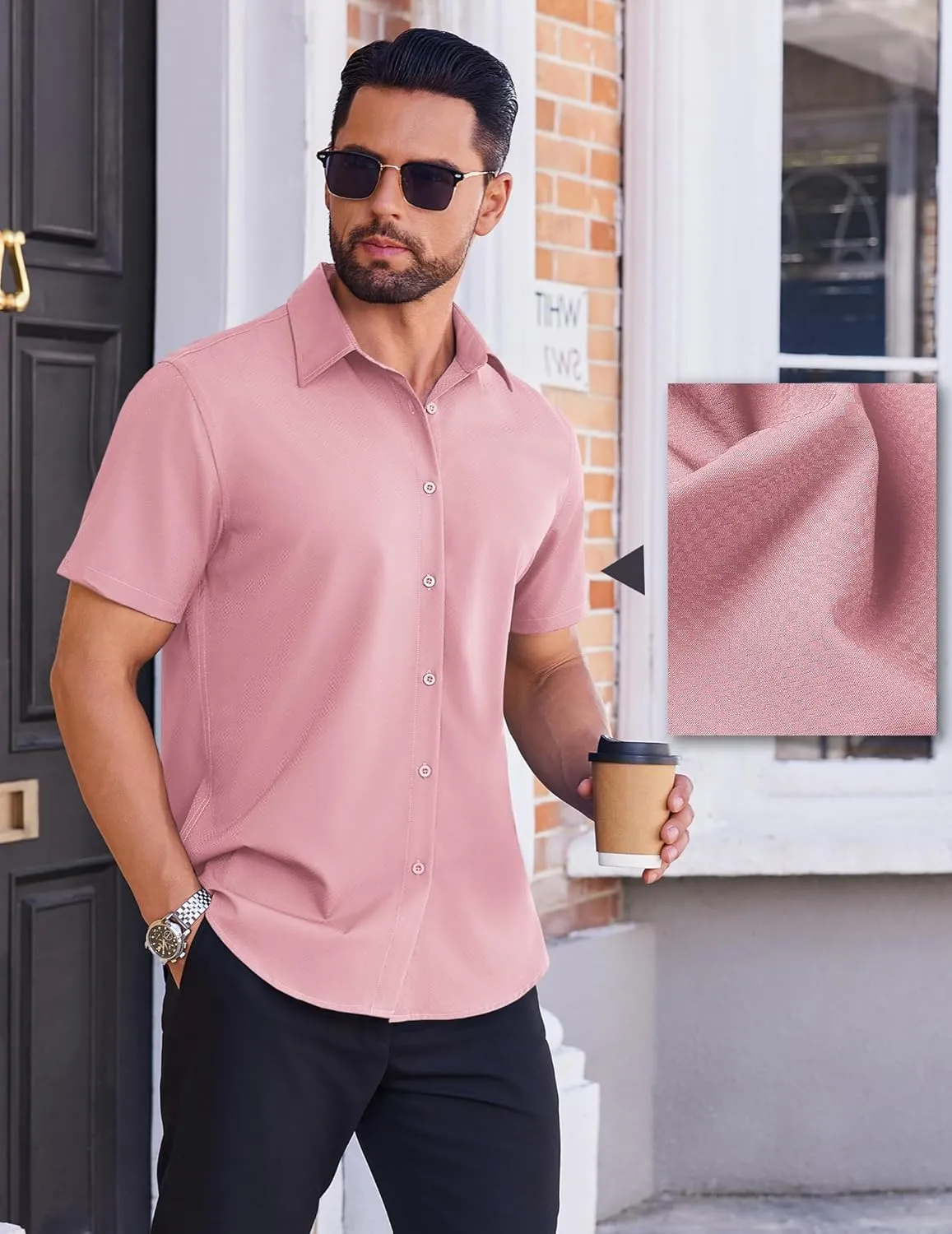 COOFANDY Mens Wrinkle Free Dress Shirt Polka Dot Short Sleeve Button Down Business Casual Shirts