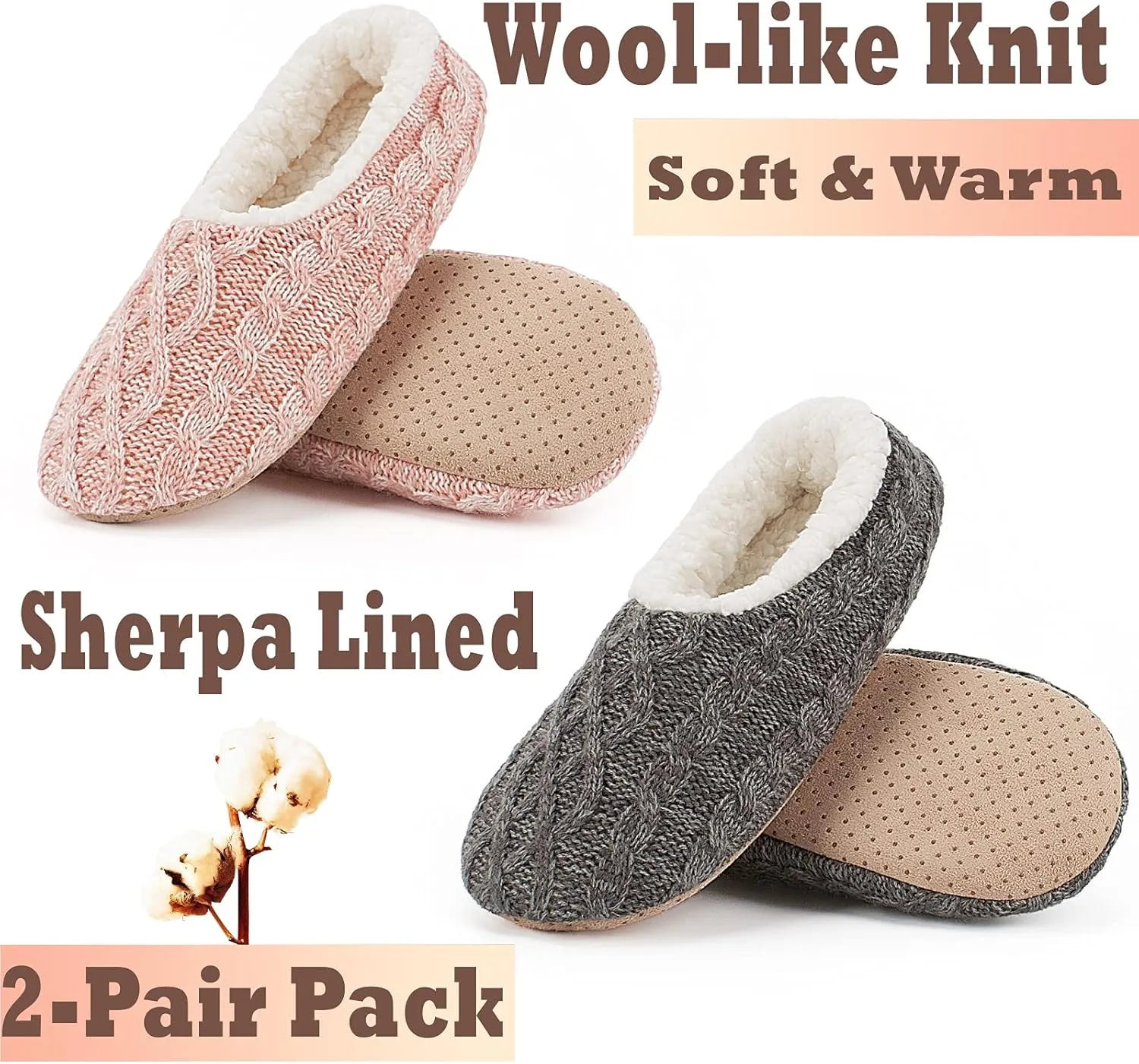Cozylook 2-Pair Women's Soft Sole Slipper Socks with Grippers, Thick Warm Cozy Sherpa Lined Home Socks Set, Cable Knitted Non-slip Fluffy Winter House Bedroom Slippers