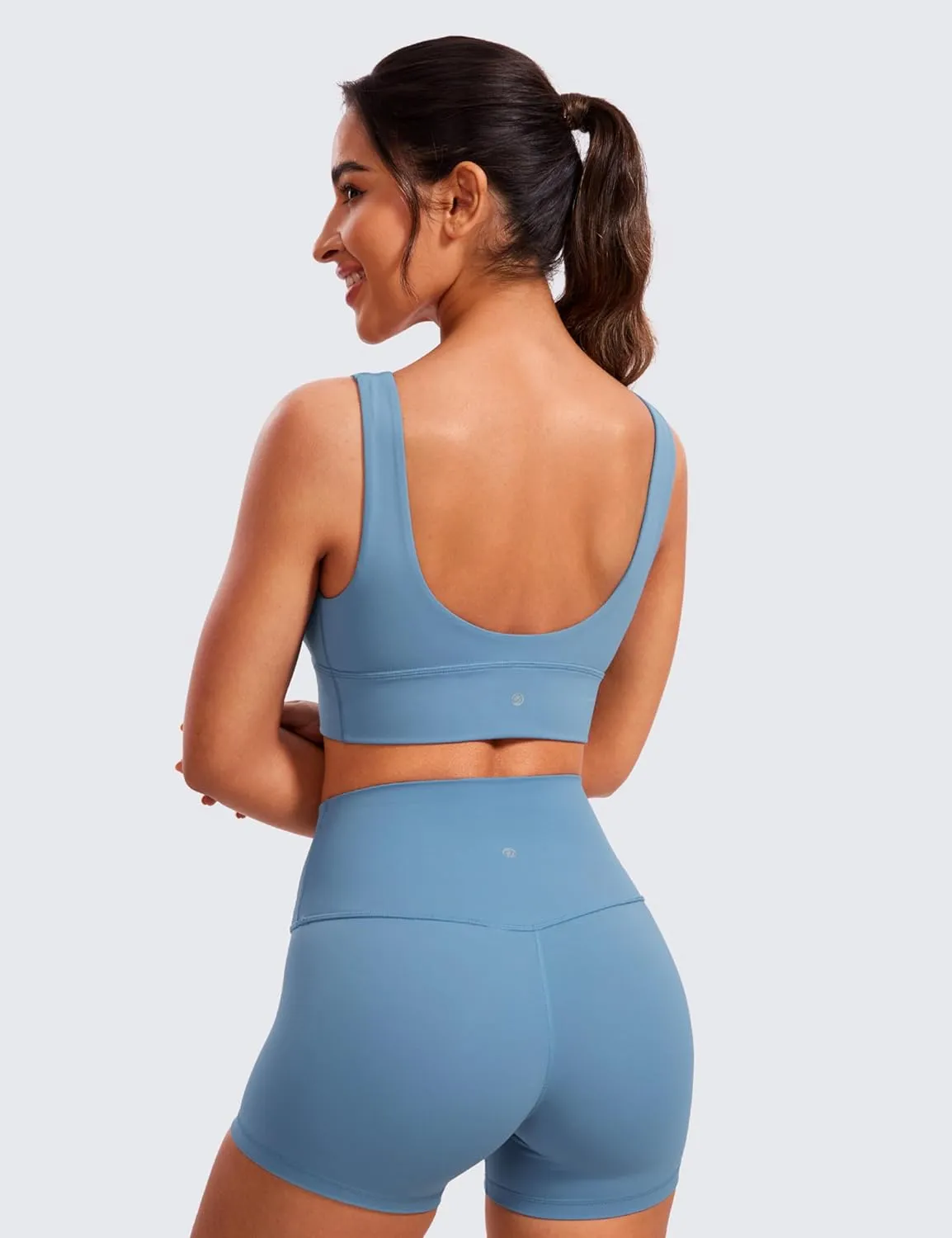 CRZ YOGA Butterluxe Womens V-Neck Longline Sports Bra - Wireless U-Shaped Open Back Yoga Low Impact Padded Crop Top