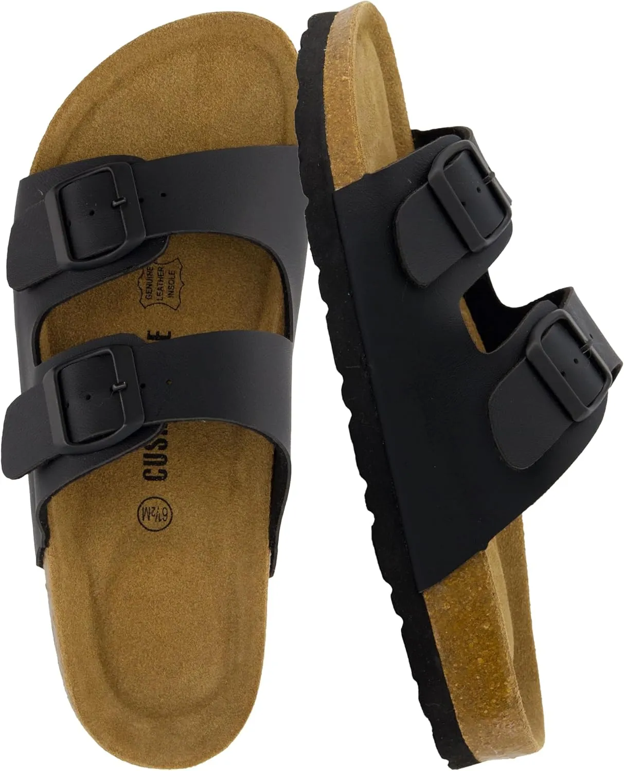 CUSHIONAIRE Lane Cork Footbed Sandals for Women  Comfortable Double Buckle Slip-On with Genuine Suede Footbed & Arch Support Slides for Women Footwear