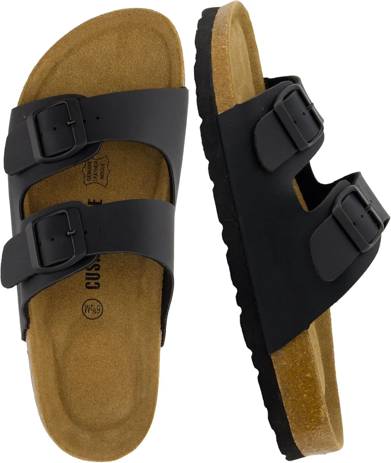 CUSHIONAIRE Lane Cork Footbed Sandals for Women  Comfortable Double Buckle Slip-On with Genuine Suede Footbed & Arch Support Slides for Women Footwear