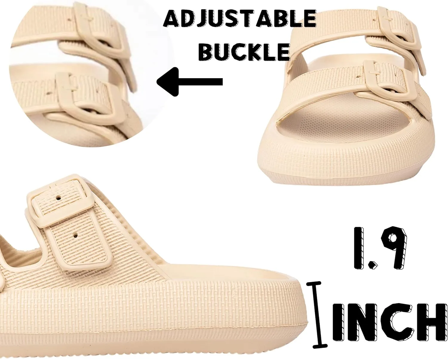 Double Buckle Adjustable Slides Sandals for Women and Men Casual Pillow Slippers for Womens EVA Flat Slides Sandals
