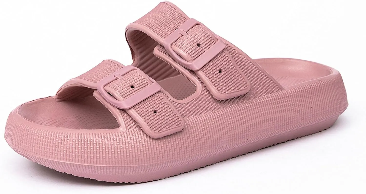 Double Buckle Adjustable Slides Sandals for Women and Men Casual Pillow Slippers for Womens EVA Flat Slides Sandals
