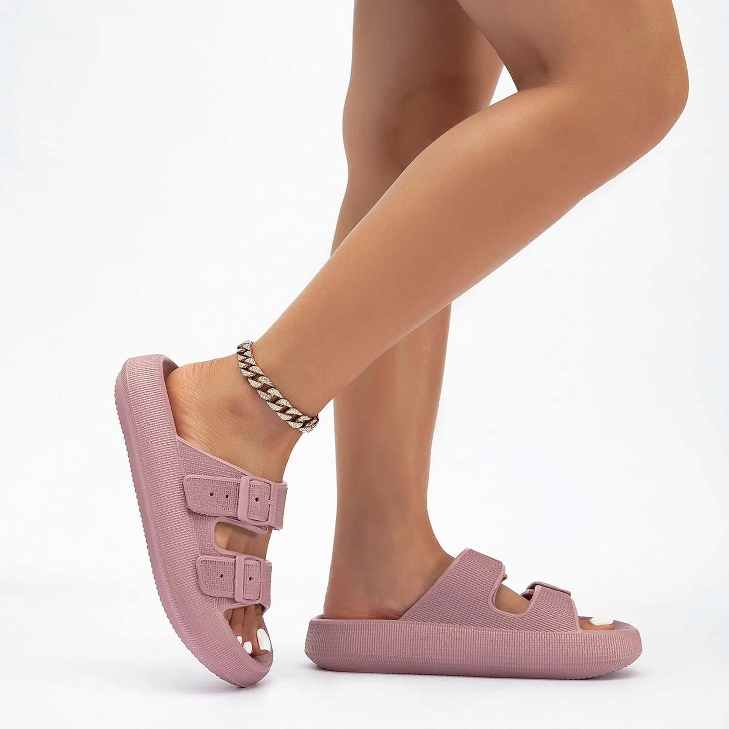 Double Buckle Adjustable Slides Sandals for Women and Men Casual Pillow Slippers for Womens EVA Flat Slides Sandals