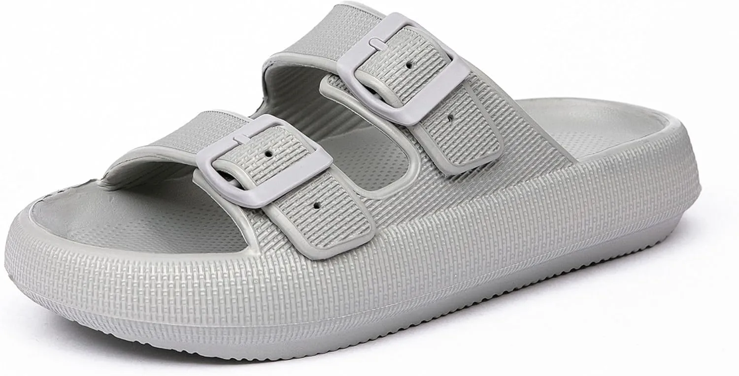 Double Buckle Adjustable Slides Sandals for Women and Men Casual Pillow Slippers for Womens EVA Flat Slides Sandals