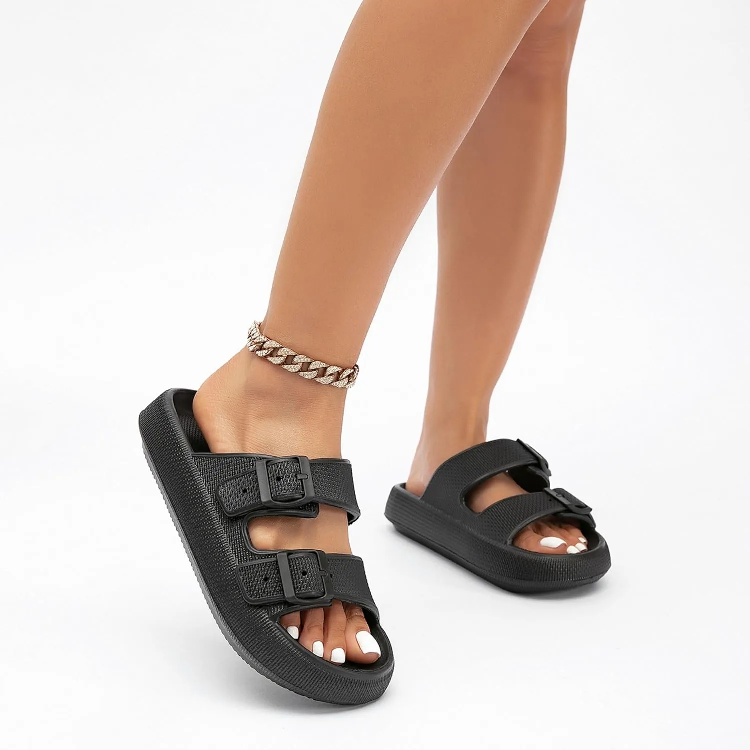 Double Buckle Adjustable Slides Sandals for Women and Men Casual Pillow Slippers for Womens EVA Flat Slides Sandals