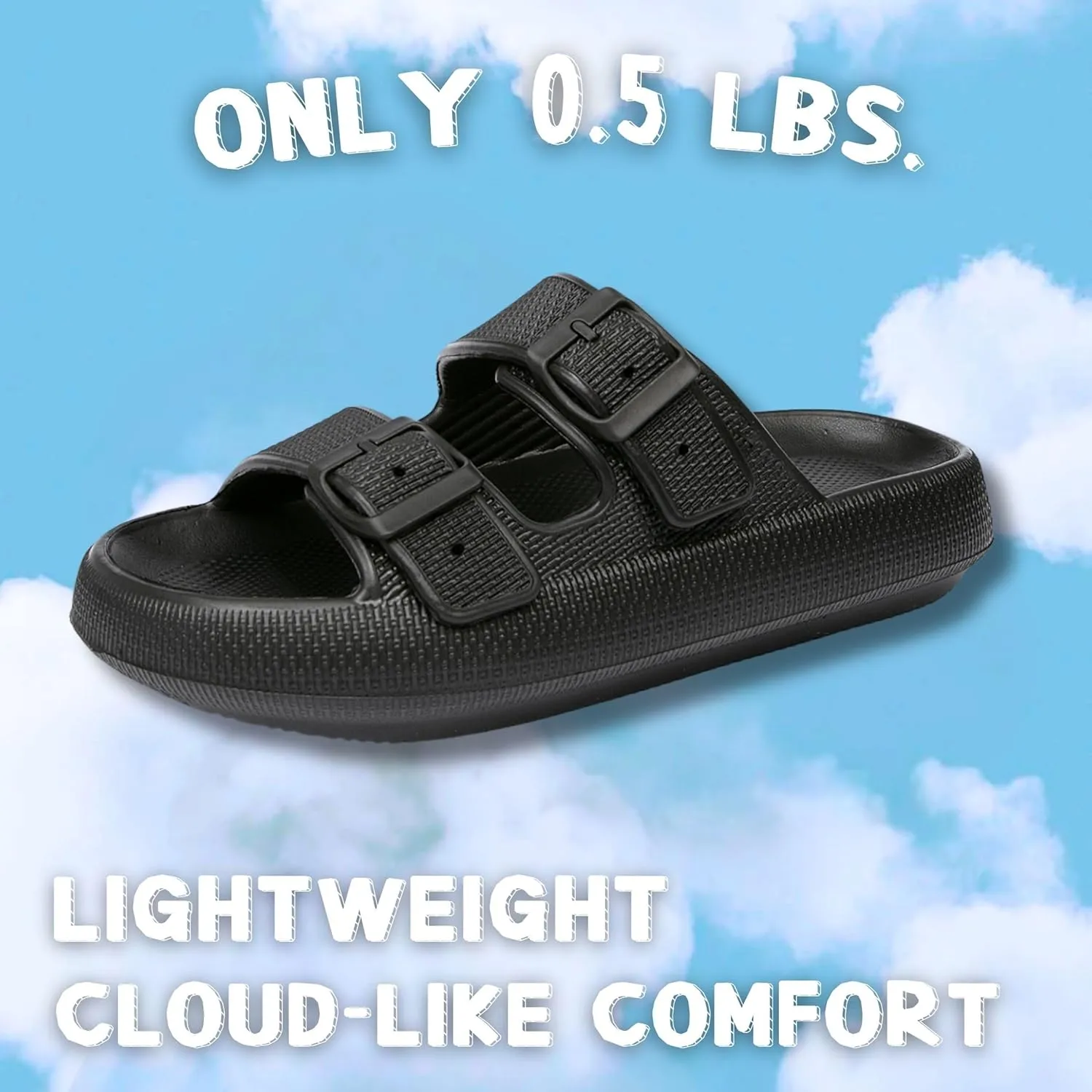 Double Buckle Adjustable Slides Sandals for Women and Men Casual Pillow Slippers for Womens EVA Flat Slides Sandals