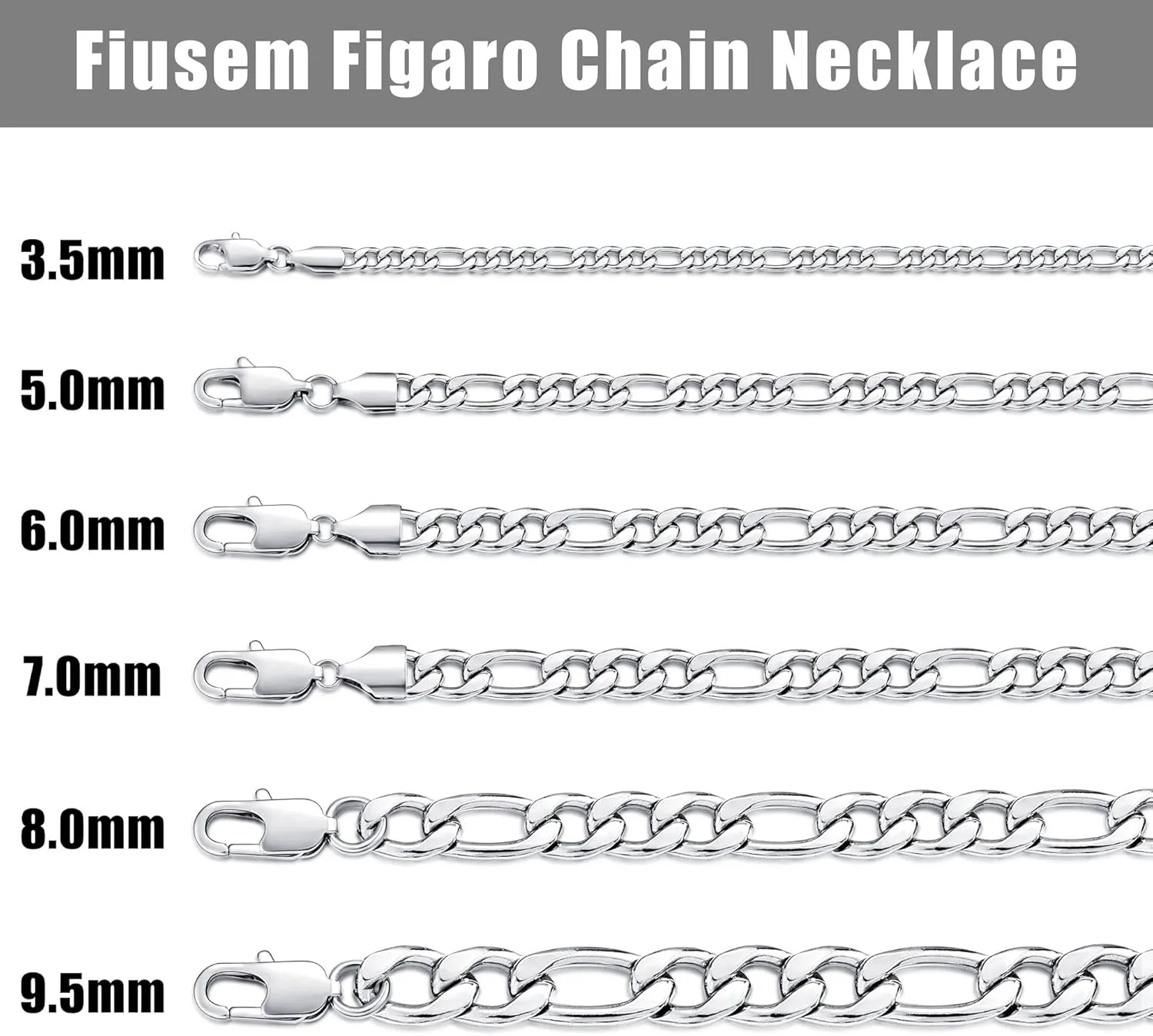 Fiusem Figaro Chains for Men Women, Silver Tone Mens Chain Necklaces, Wide 3.5/5/6/7/8/9.5mm Stainless Steel Chain Necklace for Men Women