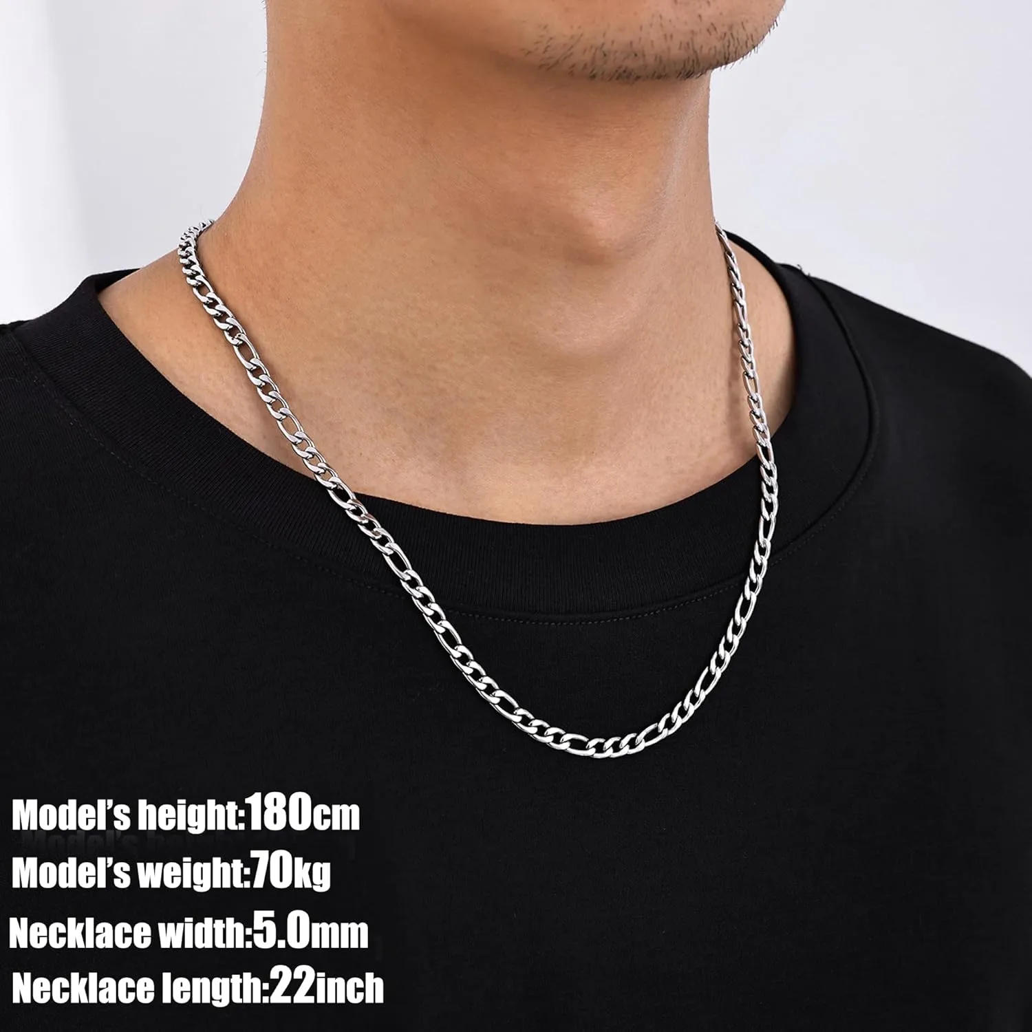 Fiusem Figaro Chains for Men Women, Silver Tone Mens Chain Necklaces, Wide 3.5/5/6/7/8/9.5mm Stainless Steel Chain Necklace for Men Women