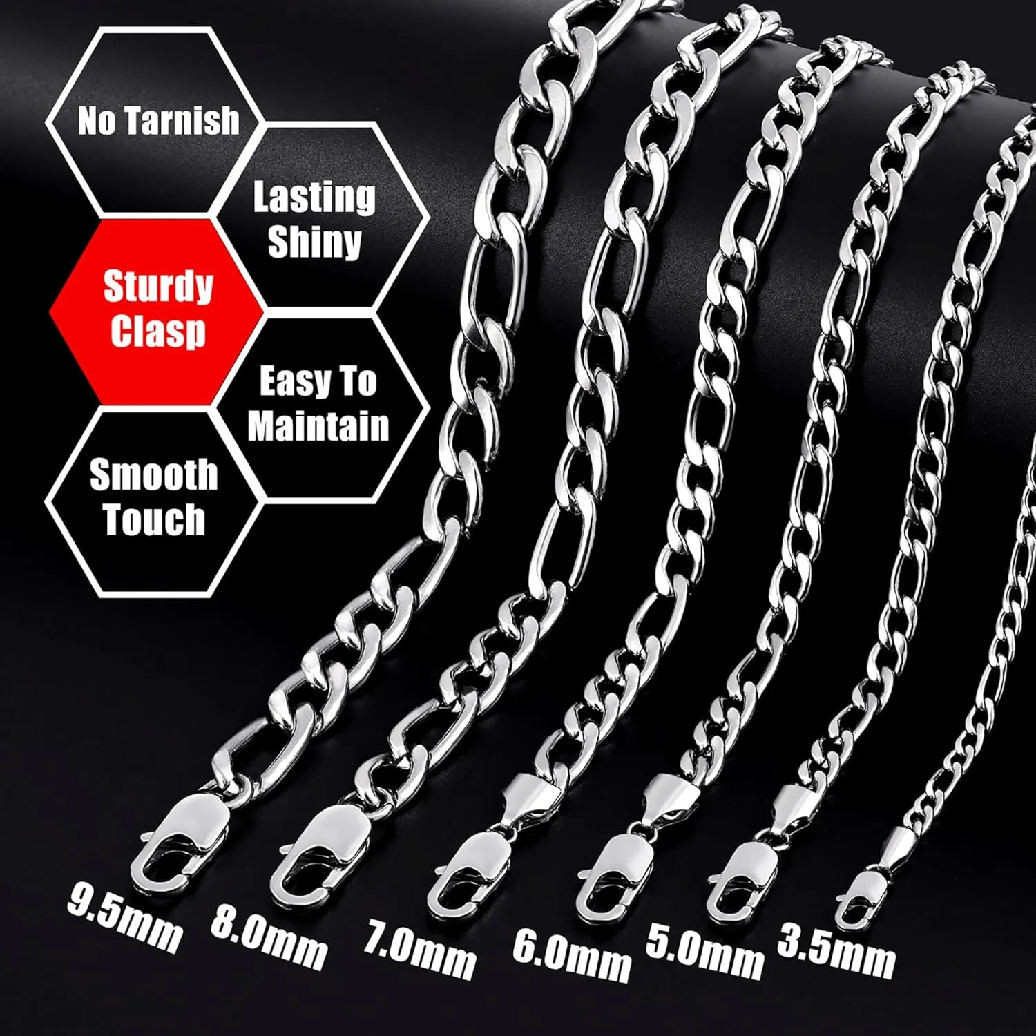Fiusem Figaro Chains for Men Women, Silver Tone Mens Chain Necklaces, Wide 3.5/5/6/7/8/9.5mm Stainless Steel Chain Necklace for Men Women