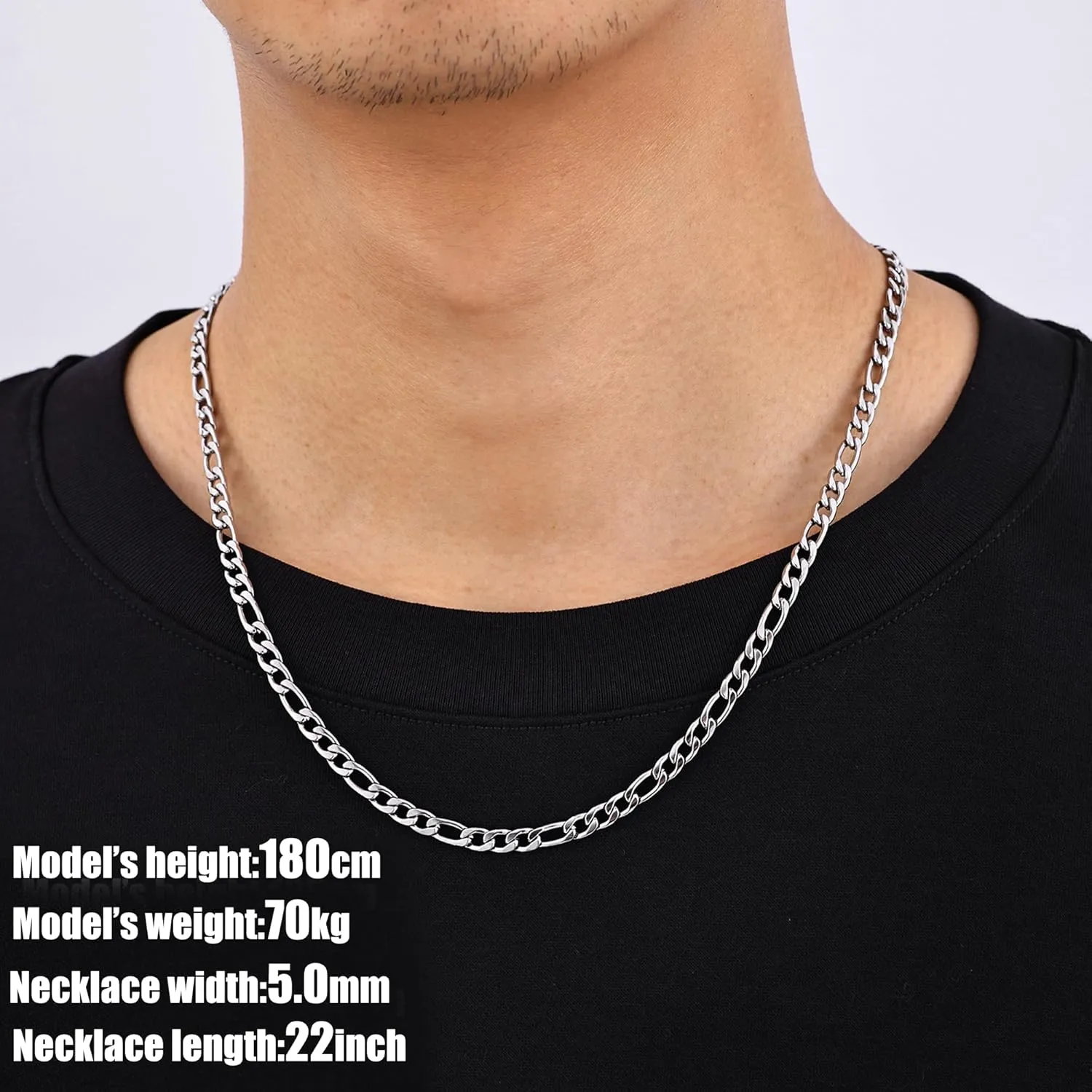 Fiusem Figaro Chains for Men Women, Silver Tone Mens Chain Necklaces, Wide 3.5/5/6/7/8/9.5mm Stainless Steel Chain Necklace for Men Women