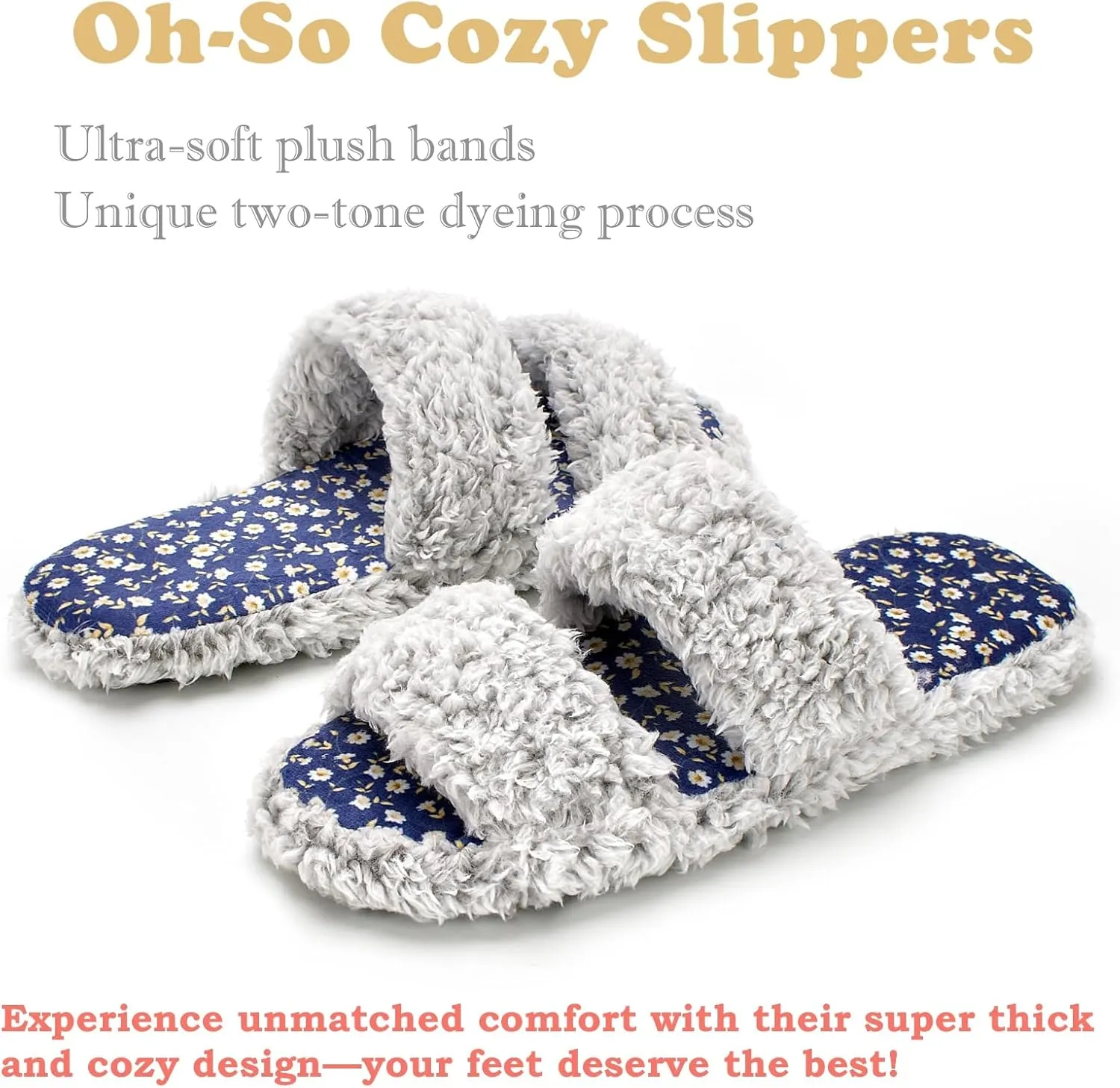 Fuzzy Memory Foam Slippers for Women Open Toe Double-Strap Indoor Outdoor Plush House Slippers Non-Slip Machine Washable