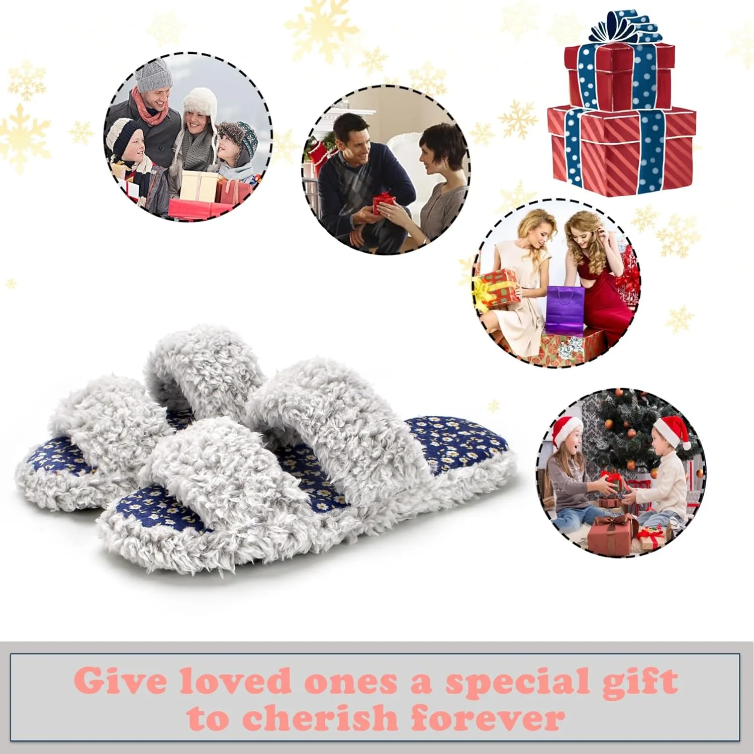 Fuzzy Memory Foam Slippers for Women Open Toe Double-Strap Indoor Outdoor Plush House Slippers Non-Slip Machine Washable