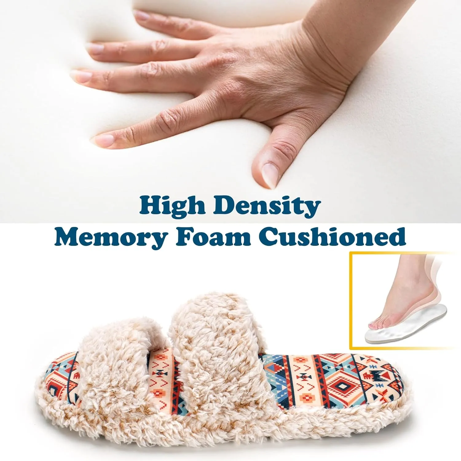 Fuzzy Memory Foam Slippers for Women Open Toe Double-Strap Indoor Outdoor Plush House Slippers Non-Slip Machine Washable