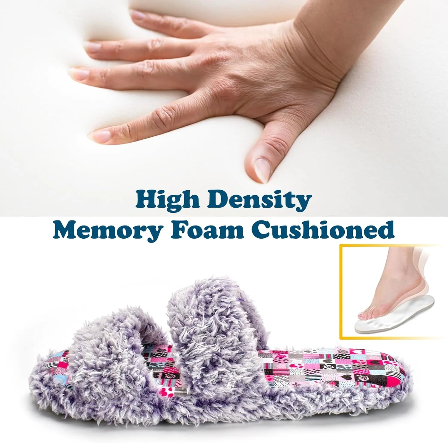 Fuzzy Memory Foam Slippers for Women Open Toe Double-Strap Indoor Outdoor Plush House Slippers Non-Slip Machine Washable