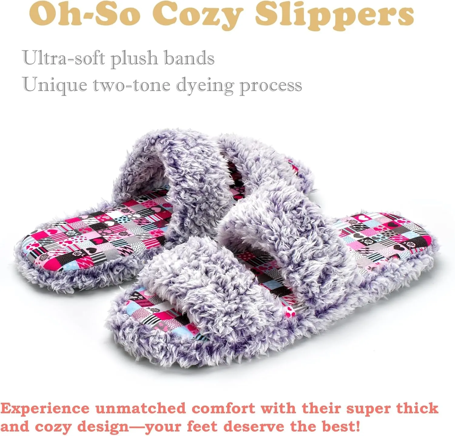Fuzzy Memory Foam Slippers for Women Open Toe Double-Strap Indoor Outdoor Plush House Slippers Non-Slip Machine Washable