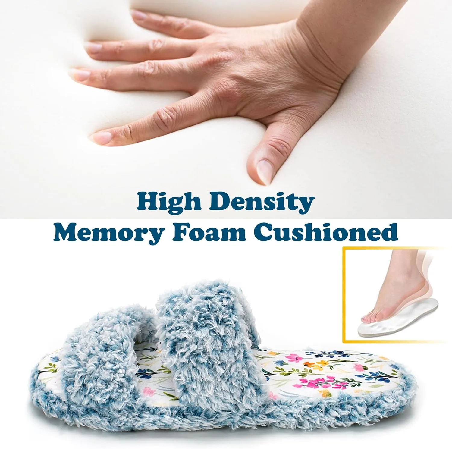 Fuzzy Memory Foam Slippers for Women Open Toe Double-Strap Indoor Outdoor Plush House Slippers Non-Slip Machine Washable