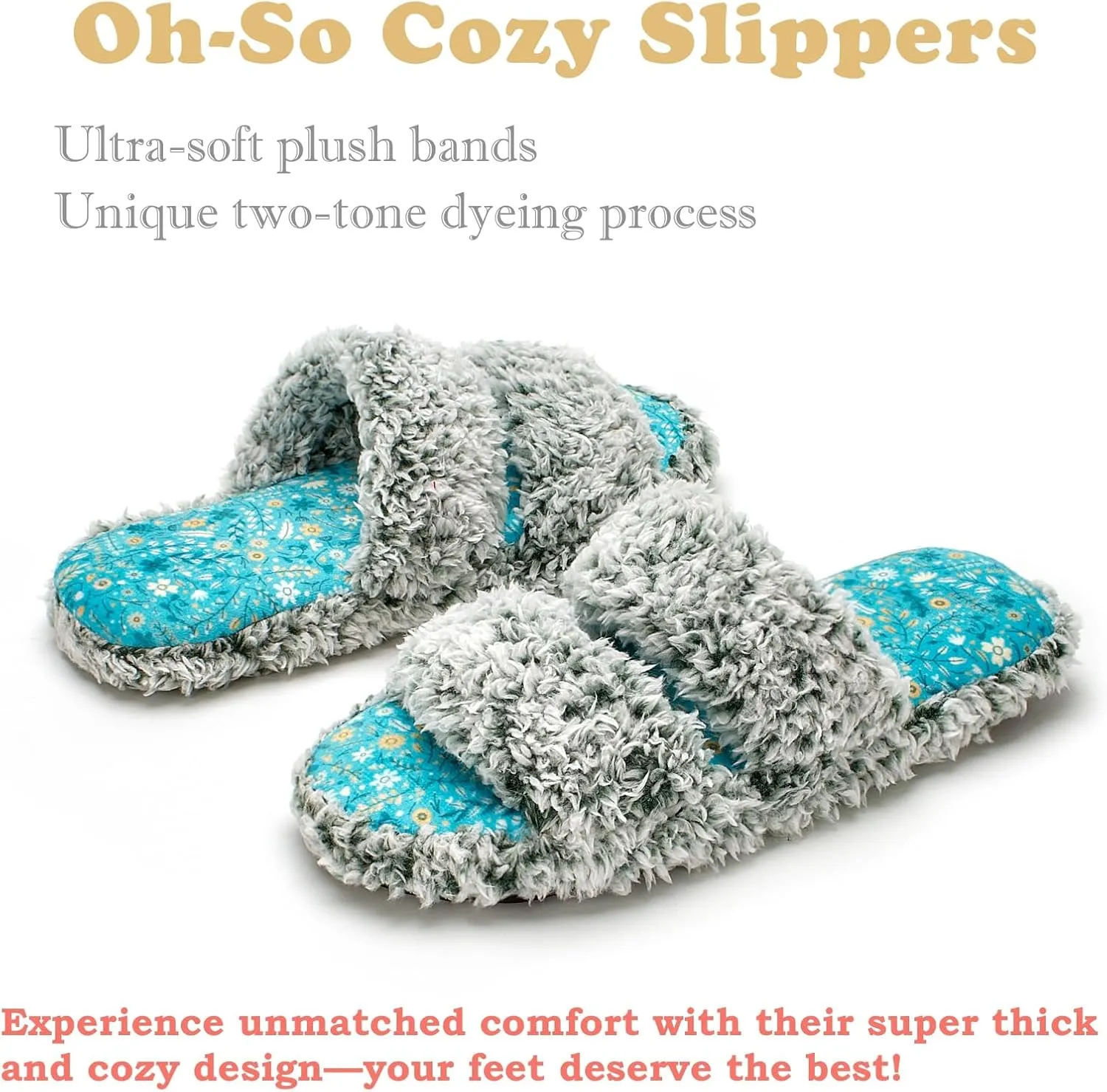 Fuzzy Memory Foam Slippers for Women Open Toe Double-Strap Indoor Outdoor Plush House Slippers Non-Slip Machine Washable