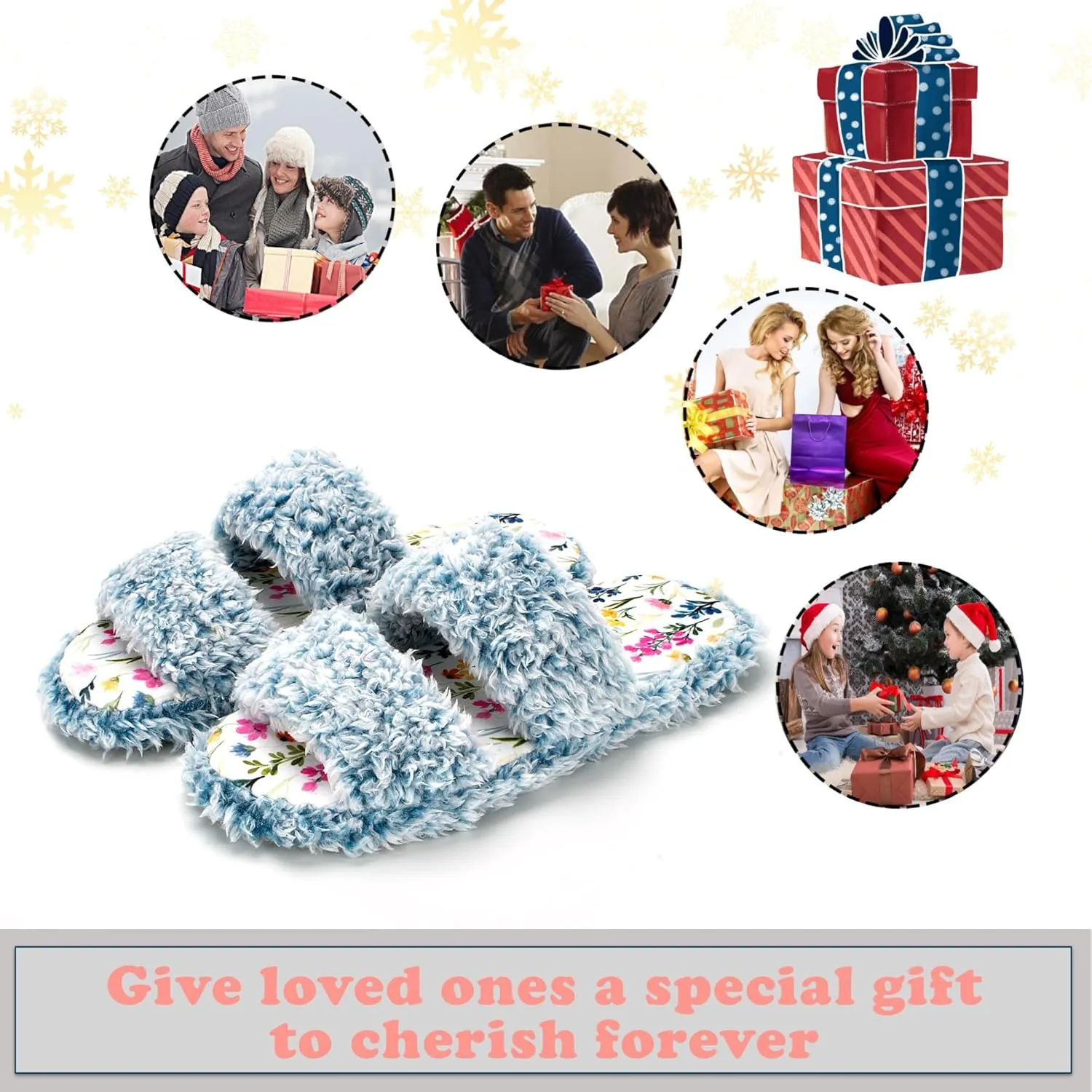 Fuzzy Memory Foam Slippers for Women Open Toe Double-Strap Indoor Outdoor Plush House Slippers Non-Slip Machine Washable