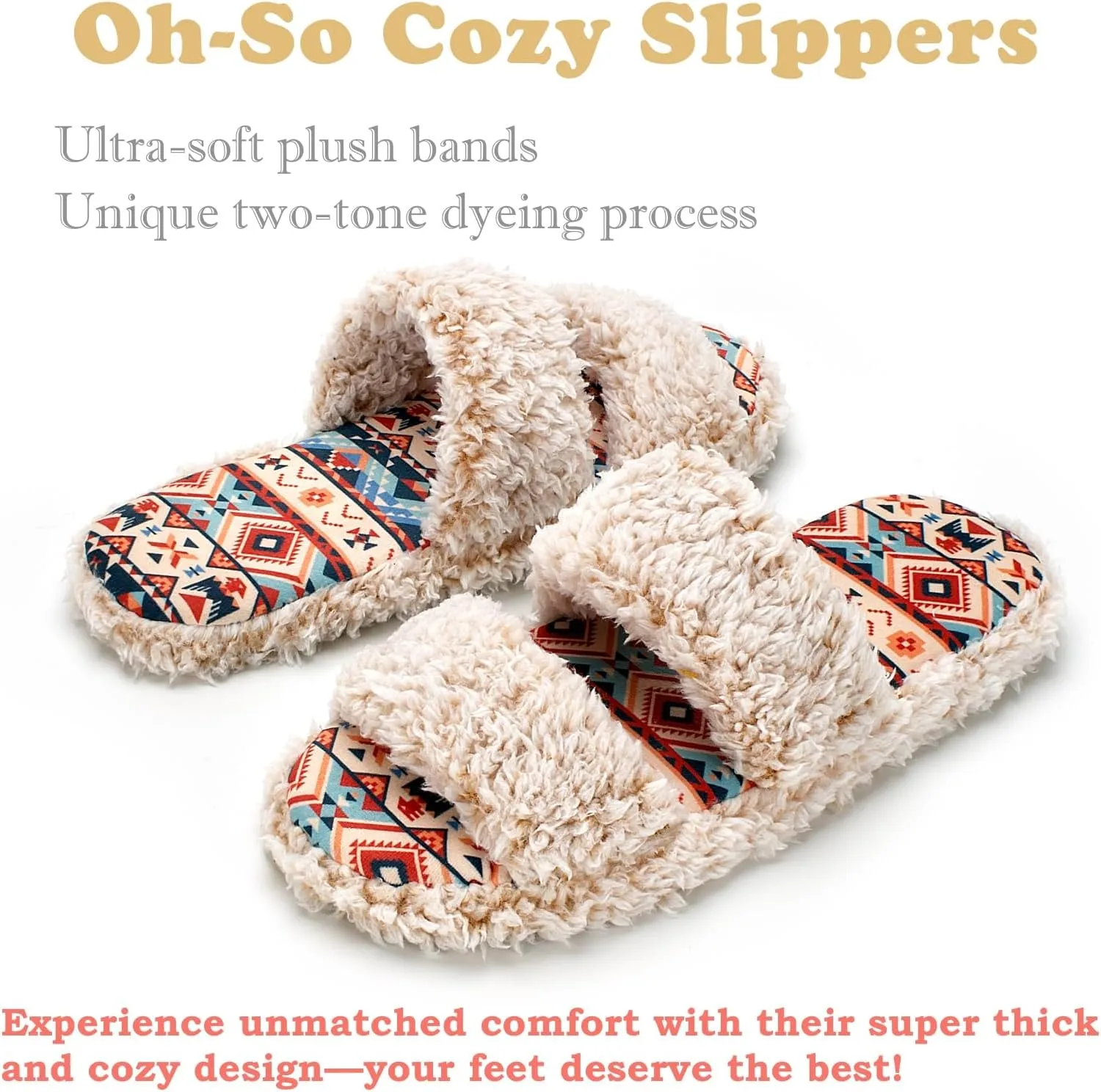 Fuzzy Memory Foam Slippers for Women Open Toe Double-Strap Indoor Outdoor Plush House Slippers Non-Slip Machine Washable