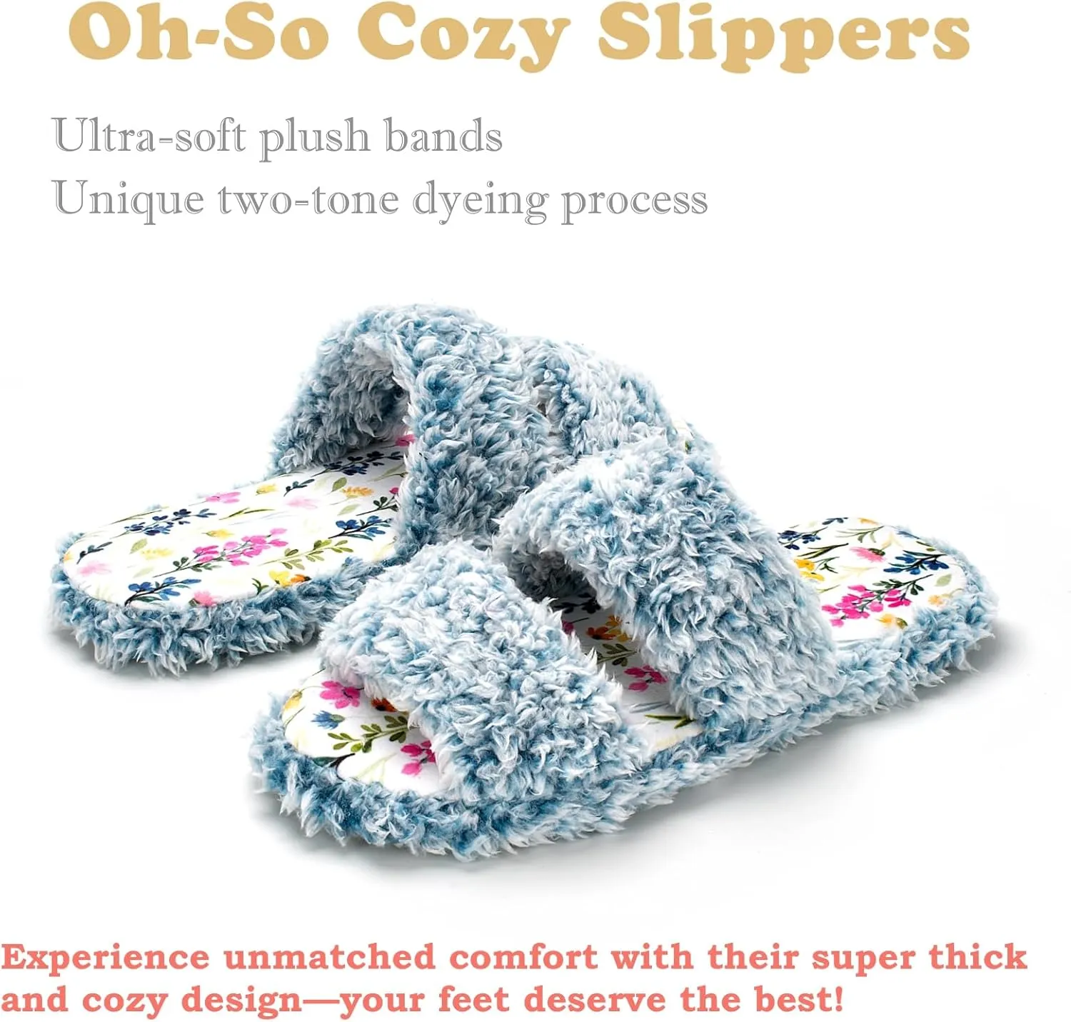 Fuzzy Memory Foam Slippers for Women Open Toe Double-Strap Indoor Outdoor Plush House Slippers Non-Slip Machine Washable