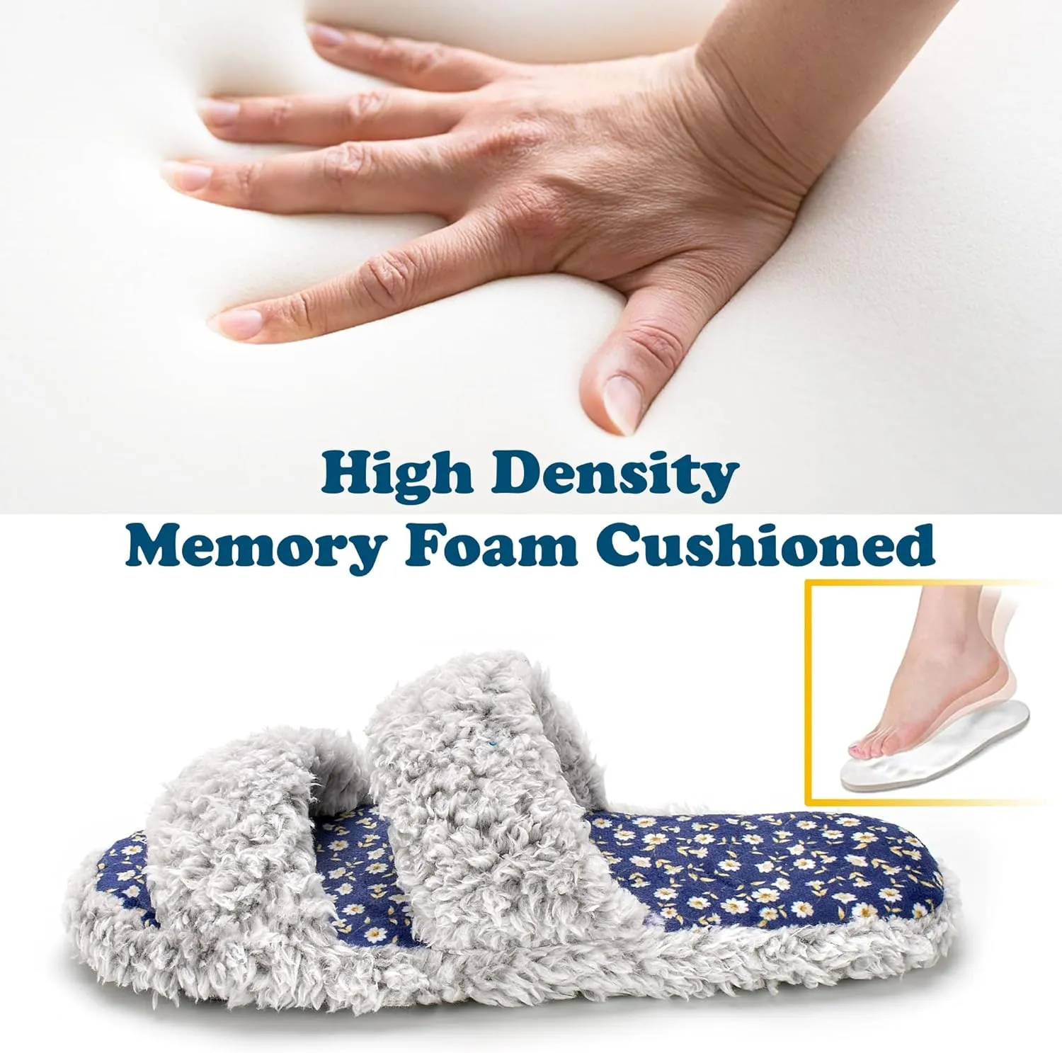 Fuzzy Memory Foam Slippers for Women Open Toe Double-Strap Indoor Outdoor Plush House Slippers Non-Slip Machine Washable