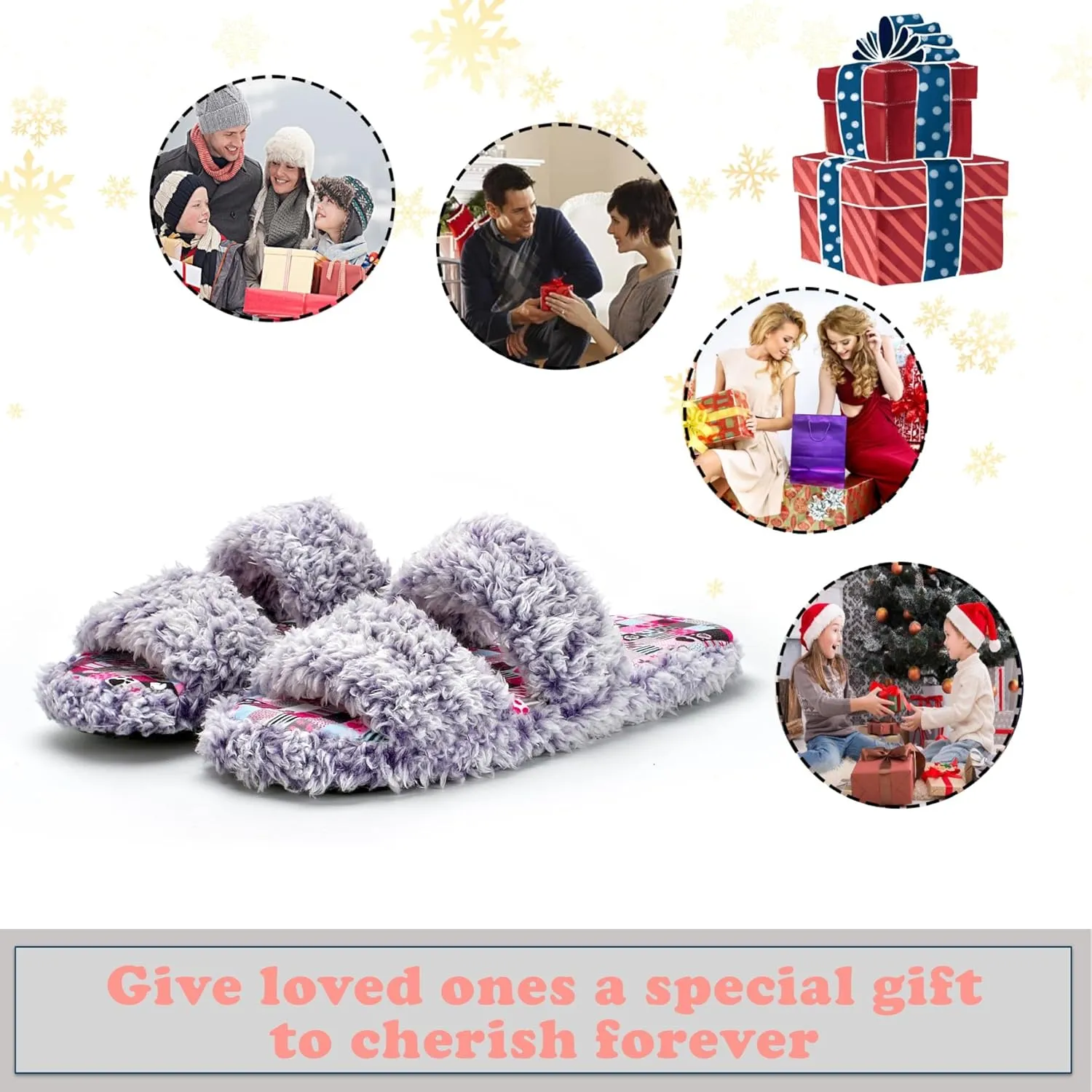 Fuzzy Memory Foam Slippers for Women Open Toe Double-Strap Indoor Outdoor Plush House Slippers Non-Slip Machine Washable
