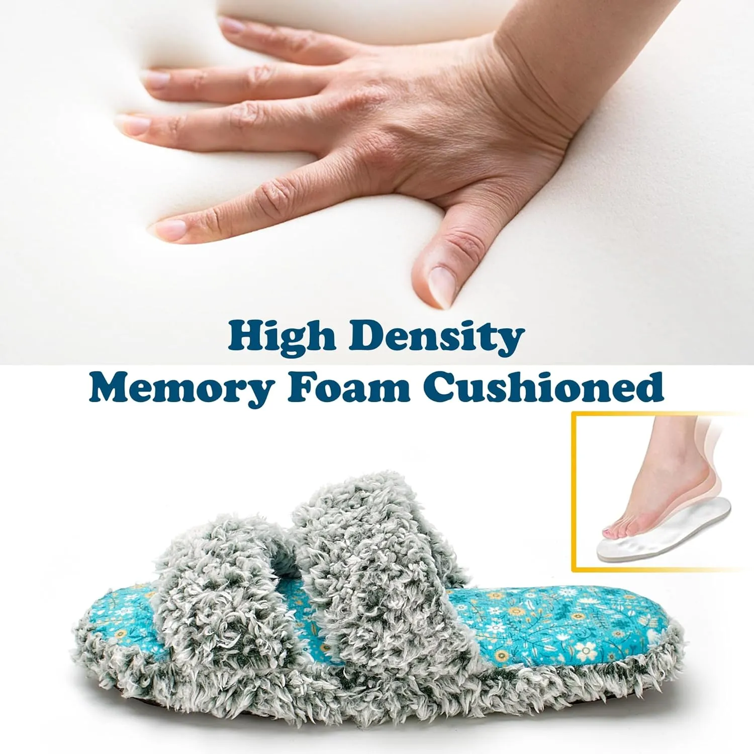 Fuzzy Memory Foam Slippers for Women Open Toe Double-Strap Indoor Outdoor Plush House Slippers Non-Slip Machine Washable