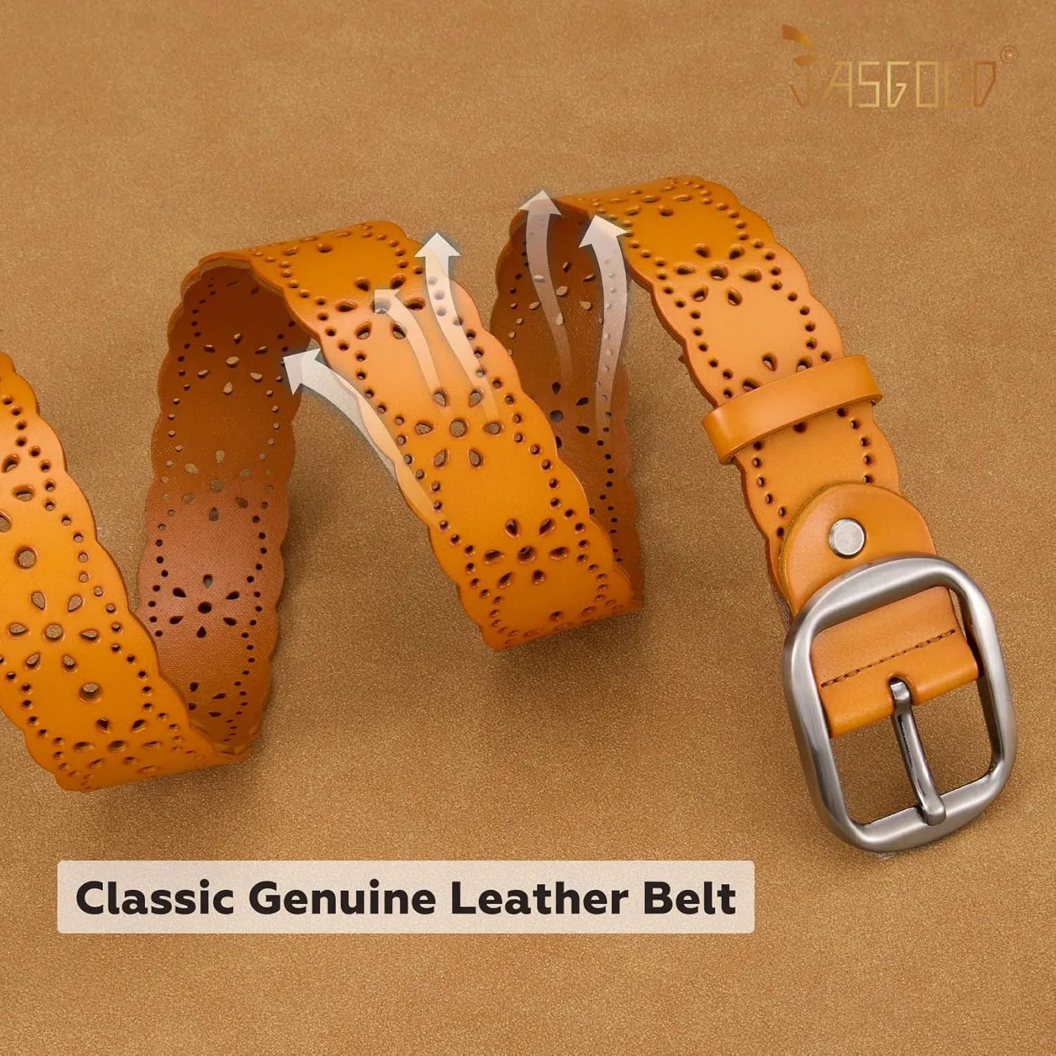 JASGOOD Women's Hollow Flower Genuine Leather Belt for Jeans Pants Wide Belt for Ladies