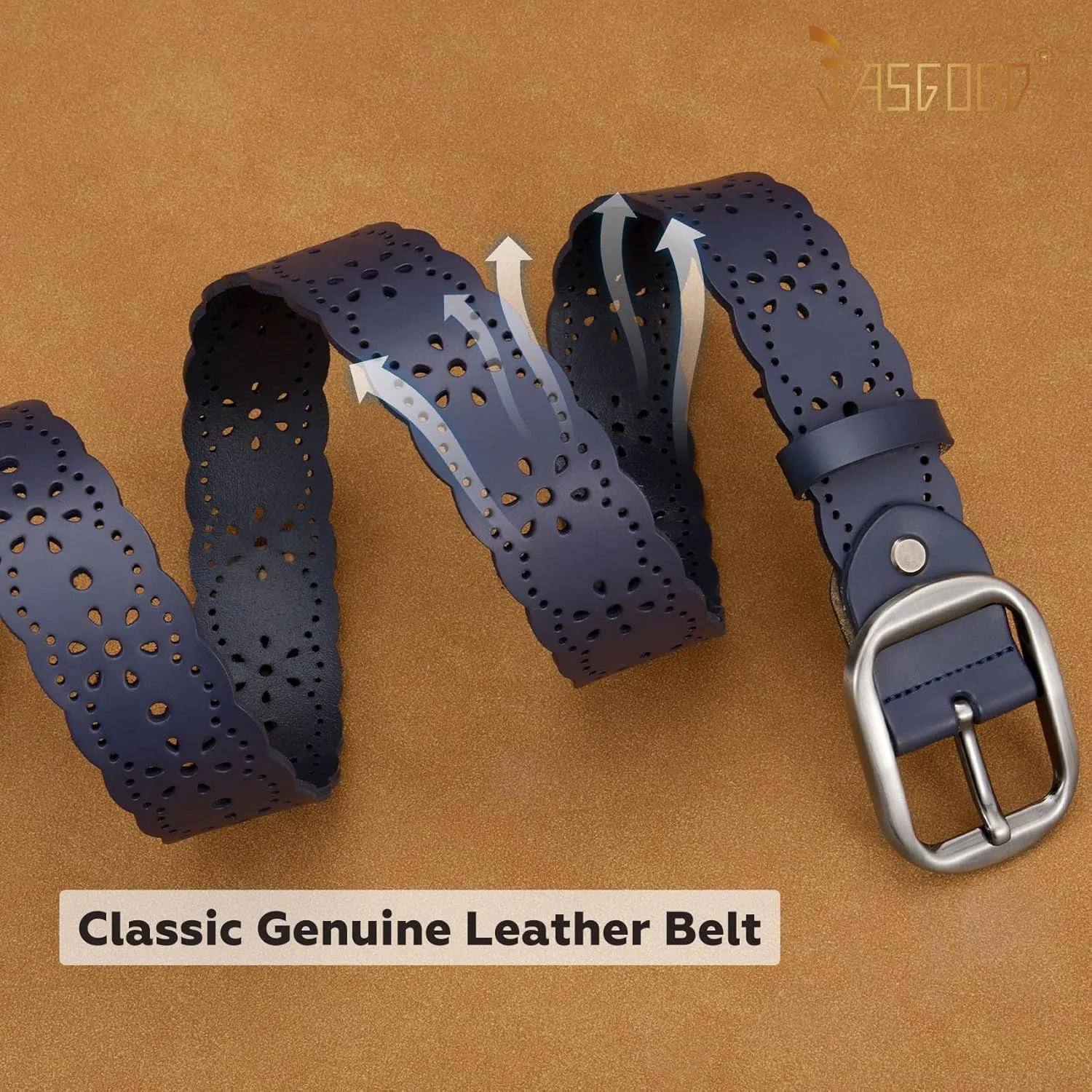 JASGOOD Women's Hollow Flower Genuine Leather Belt for Jeans Pants Wide Belt for Ladies
