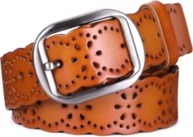 JASGOOD Women's Hollow Flower Genuine Leather Belt for Jeans Pants Wide Belt for Ladies