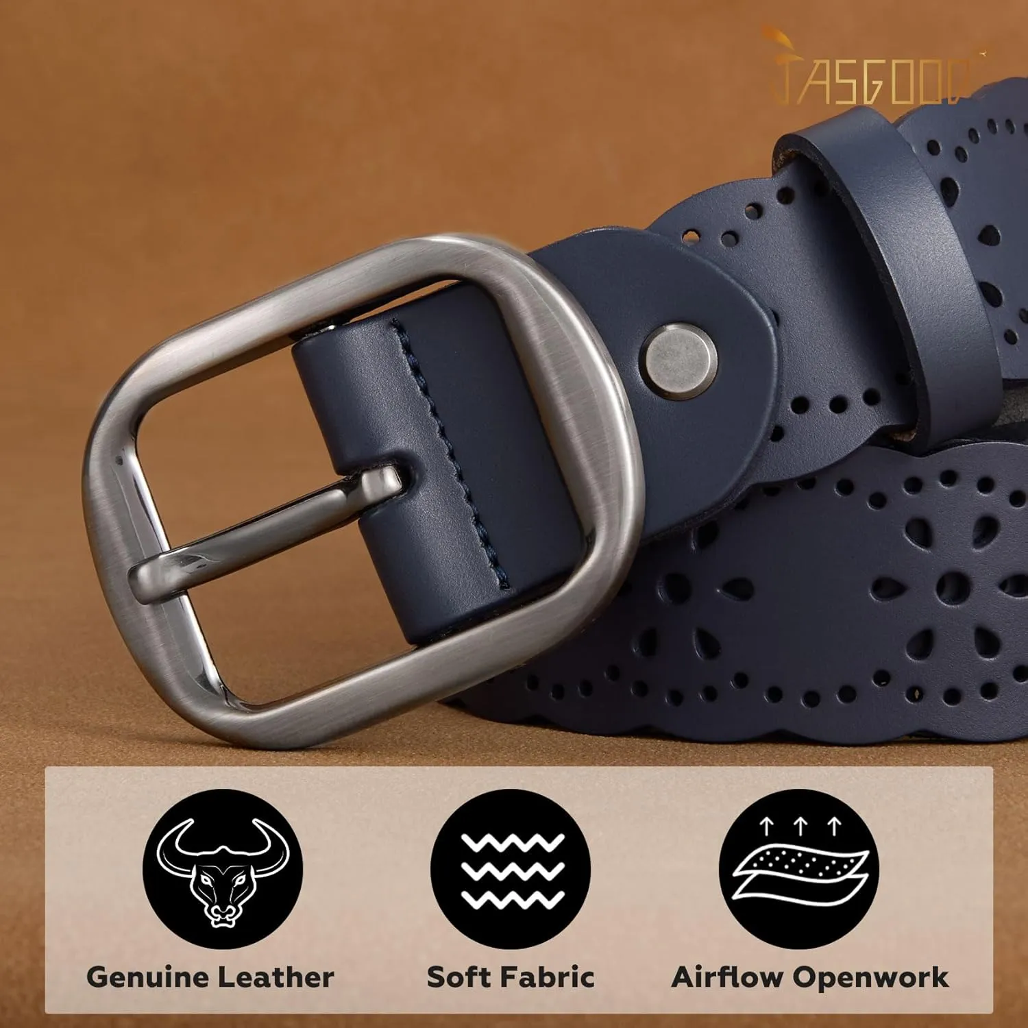 JASGOOD Women's Hollow Flower Genuine Leather Belt for Jeans Pants Wide Belt for Ladies