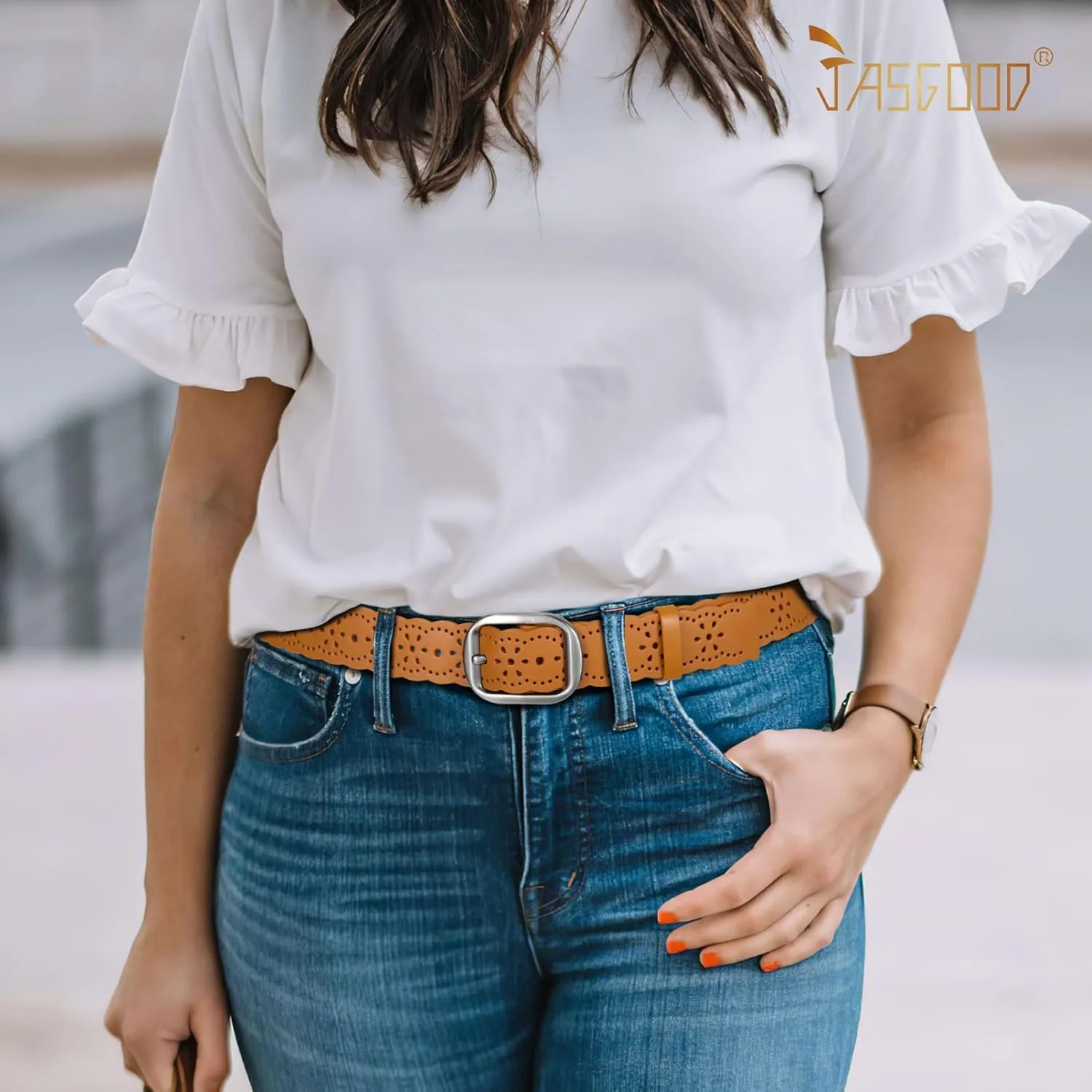 JASGOOD Women's Hollow Flower Genuine Leather Belt for Jeans Pants Wide Belt for Ladies
