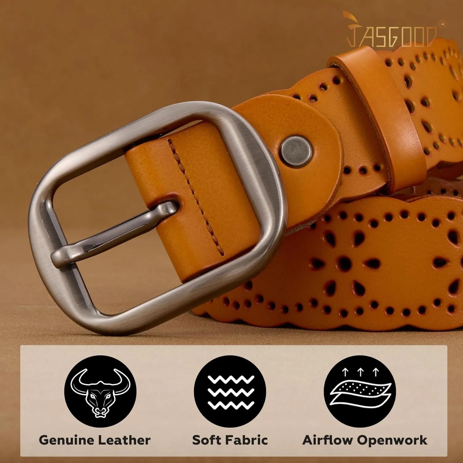 JASGOOD Women's Hollow Flower Genuine Leather Belt for Jeans Pants Wide Belt for Ladies