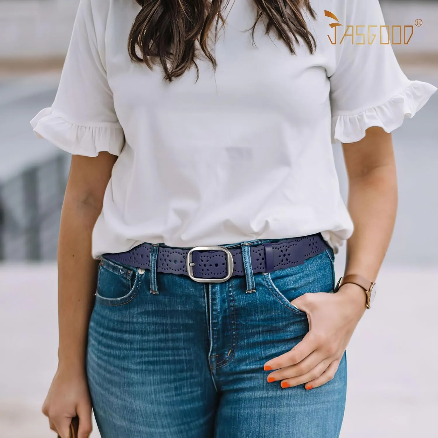 JASGOOD Women's Hollow Flower Genuine Leather Belt for Jeans Pants Wide Belt for Ladies