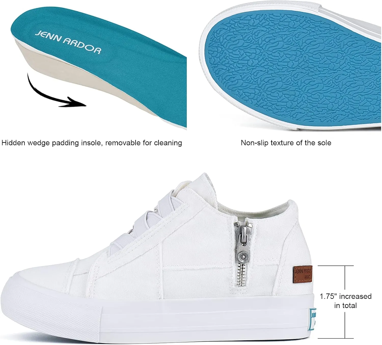 JENN ARDOR Wedge Sneakers for Women Fashion Canvas Shoes Casual Platform Hidden Heel Womens Slip On Sneaker Non Slip Side Zipper