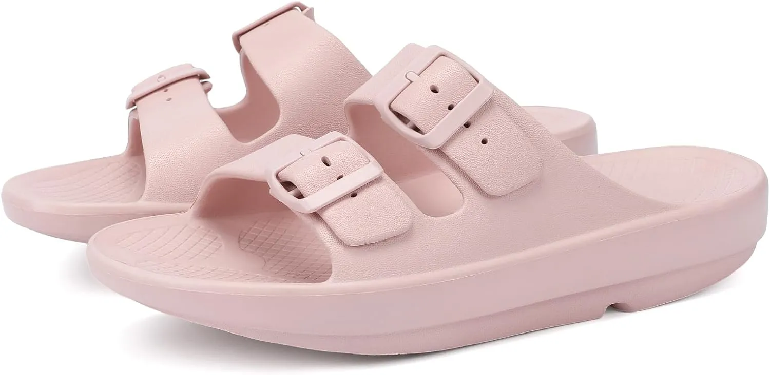 Kricely Women and Men Wide Width Recovery Sandals Plantar Fasciitis Arch Support Orthotic Slides Adjustable Double Buckle Thick Sole Slippers Reduces Stress on Feet Joints & Back Post-Exercise