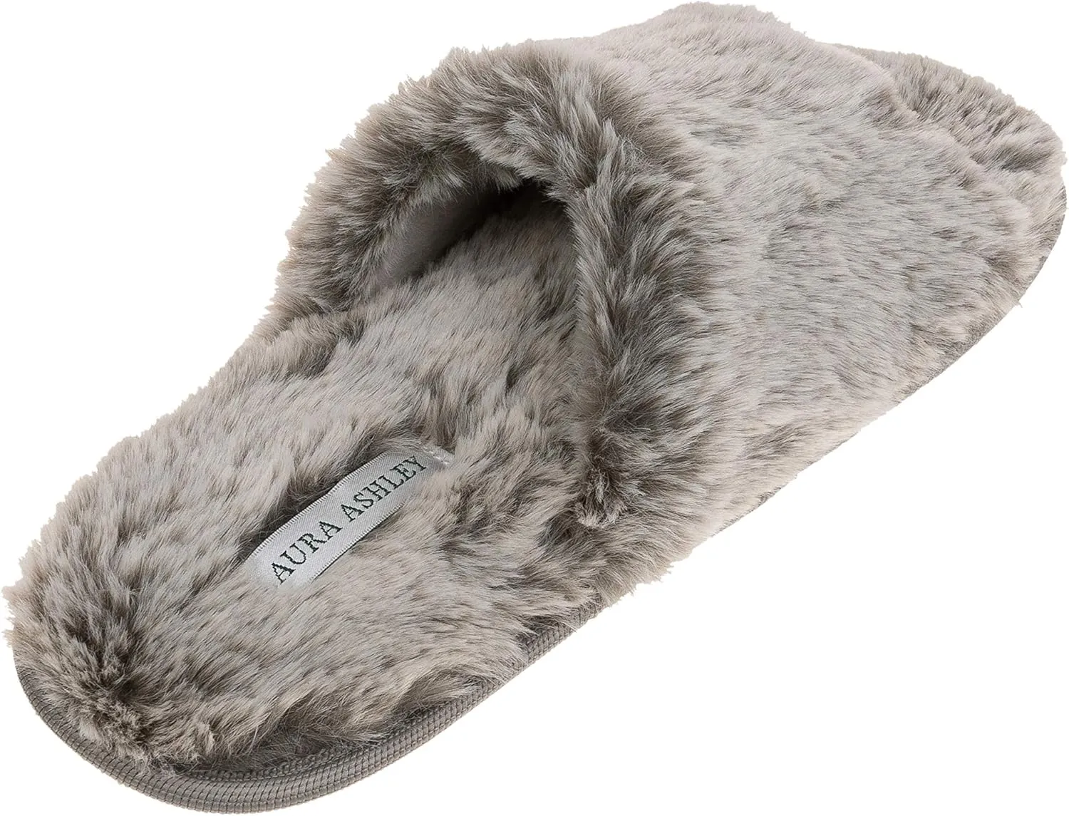 Laura Ashley Faux Fur Slip Ons, Open Toe Scuff Slippers for Women with Non-Slip Sole, Soft & Plush Indoor Slippers