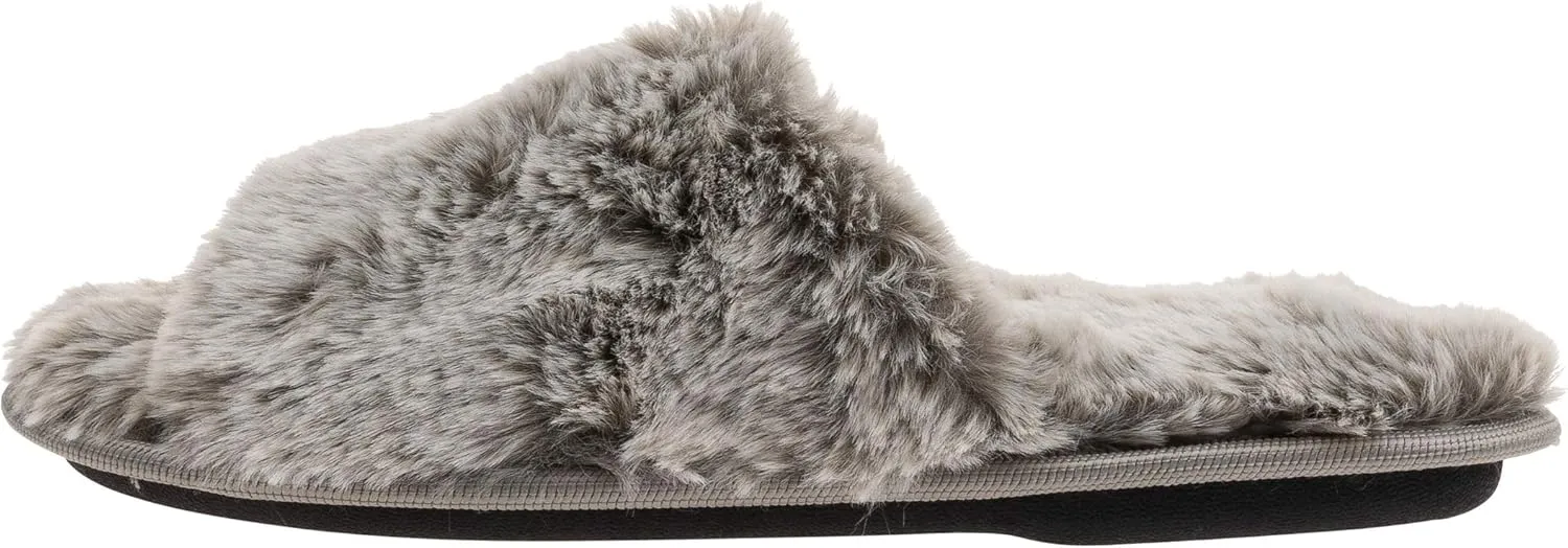 Laura Ashley Faux Fur Slip Ons, Open Toe Scuff Slippers for Women with Non-Slip Sole, Soft & Plush Indoor Slippers