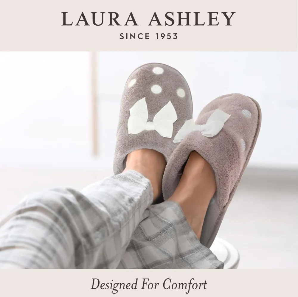 Laura Ashley Faux Fur Slip Ons, Open Toe Scuff Slippers for Women with Non-Slip Sole, Soft & Plush Indoor Slippers