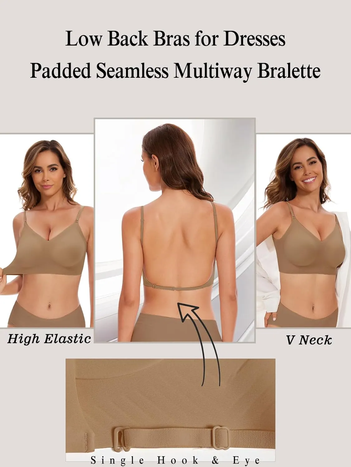 Low Back Bra Seamless Padded Bralettes for Women V Neck Mutiway Bras Halter Thin Straps Invisible Backless Bralette