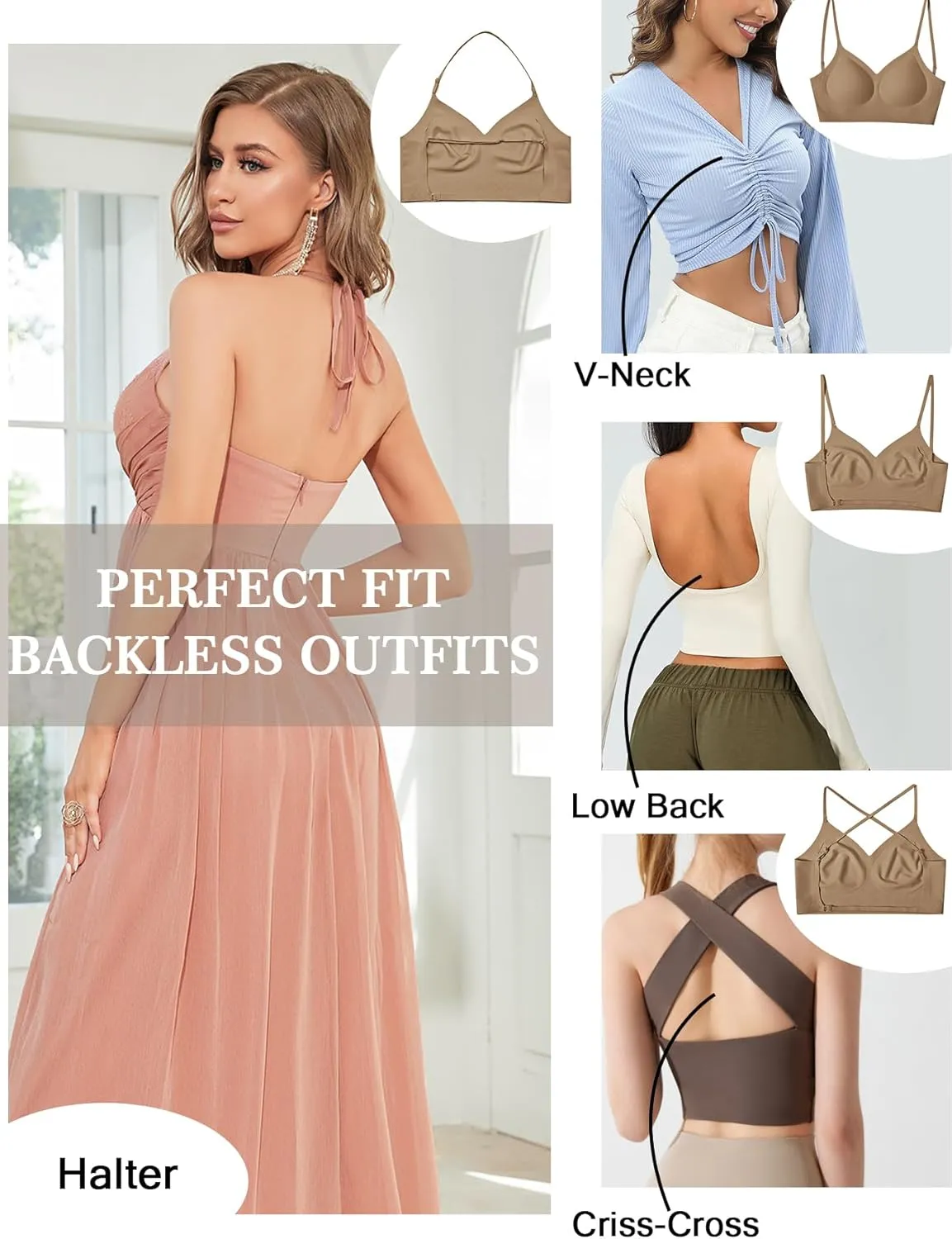 Low Back Bra Seamless Padded Bralettes for Women V Neck Mutiway Bras Halter Thin Straps Invisible Backless Bralette