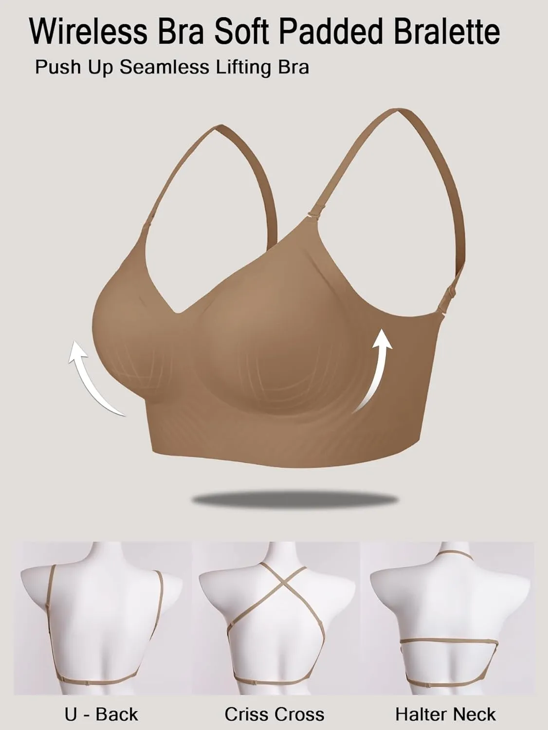 Low Back Bra Seamless Padded Bralettes for Women V Neck Mutiway Bras Halter Thin Straps Invisible Backless Bralette