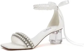 Low Block Heel Wedding Sandals Square Open Toe Clear Heels Bow Bridal Shoes Pearl Heels