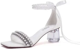 Low Block Heel Wedding Sandals Square Open Toe Clear Heels Bow Bridal Shoes Pearl Heels